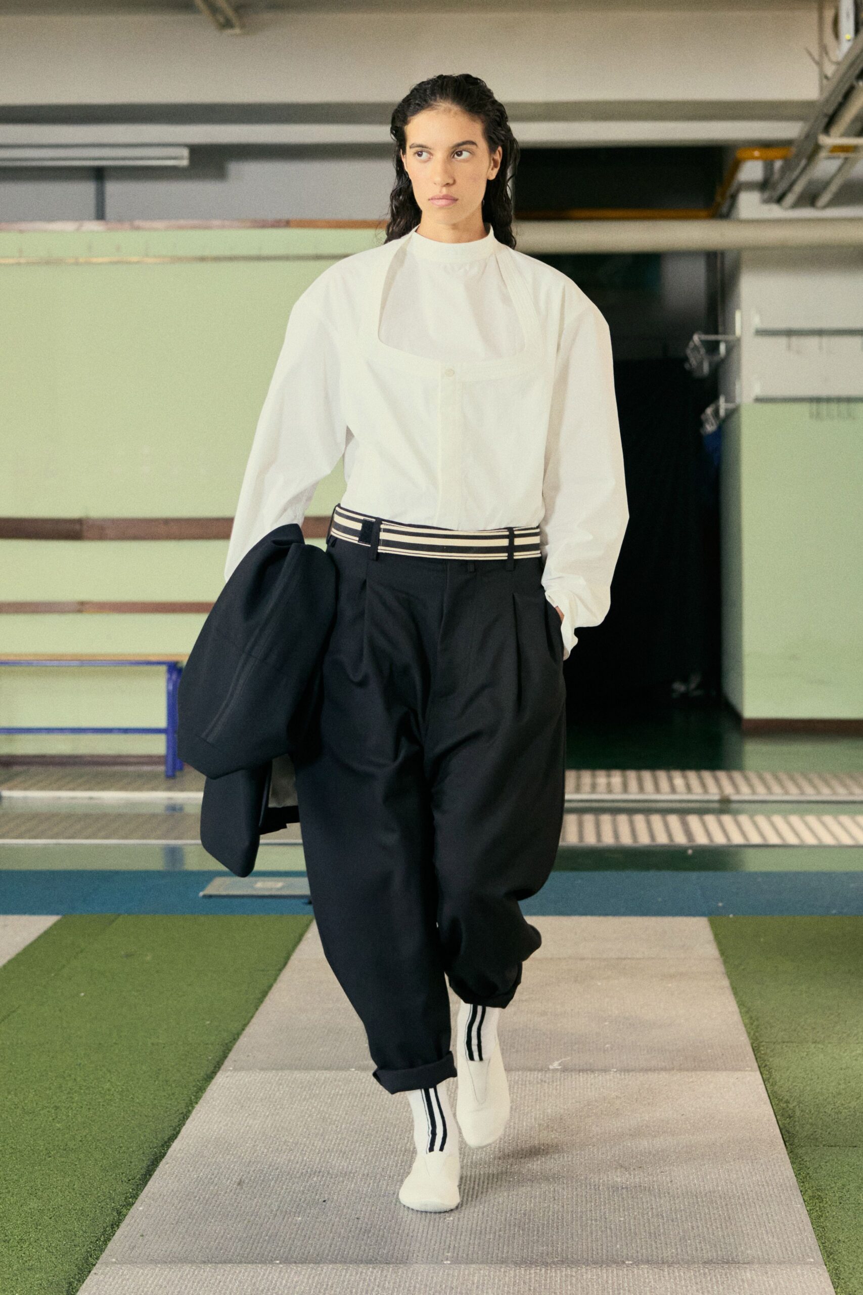white shirt black pants blazer