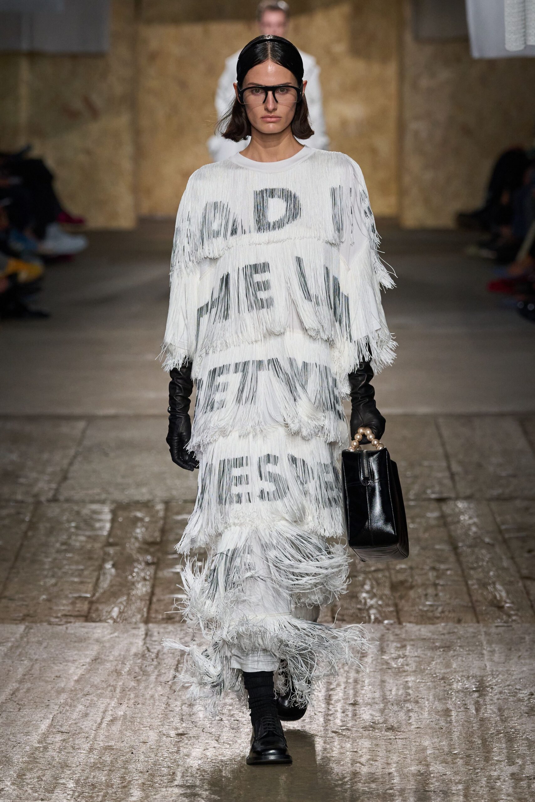 white fringed maxi dress with gloves