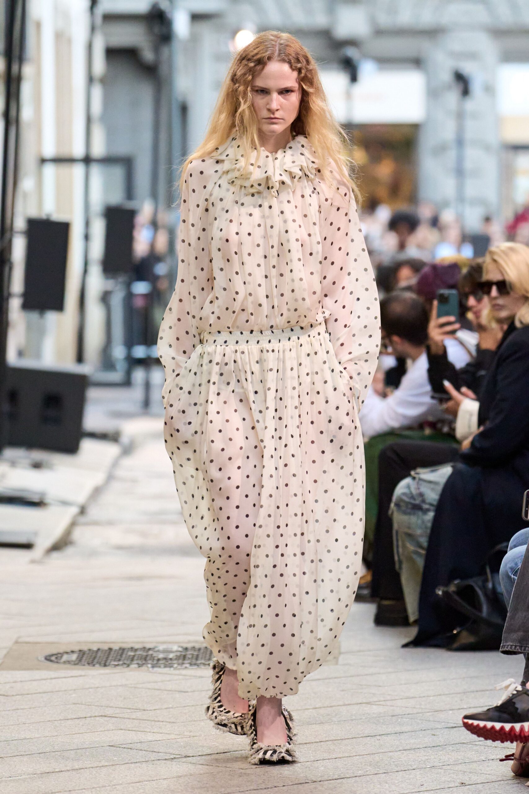 white chiffon long-sleeve high-neck relaxed polka-dot tiered dress