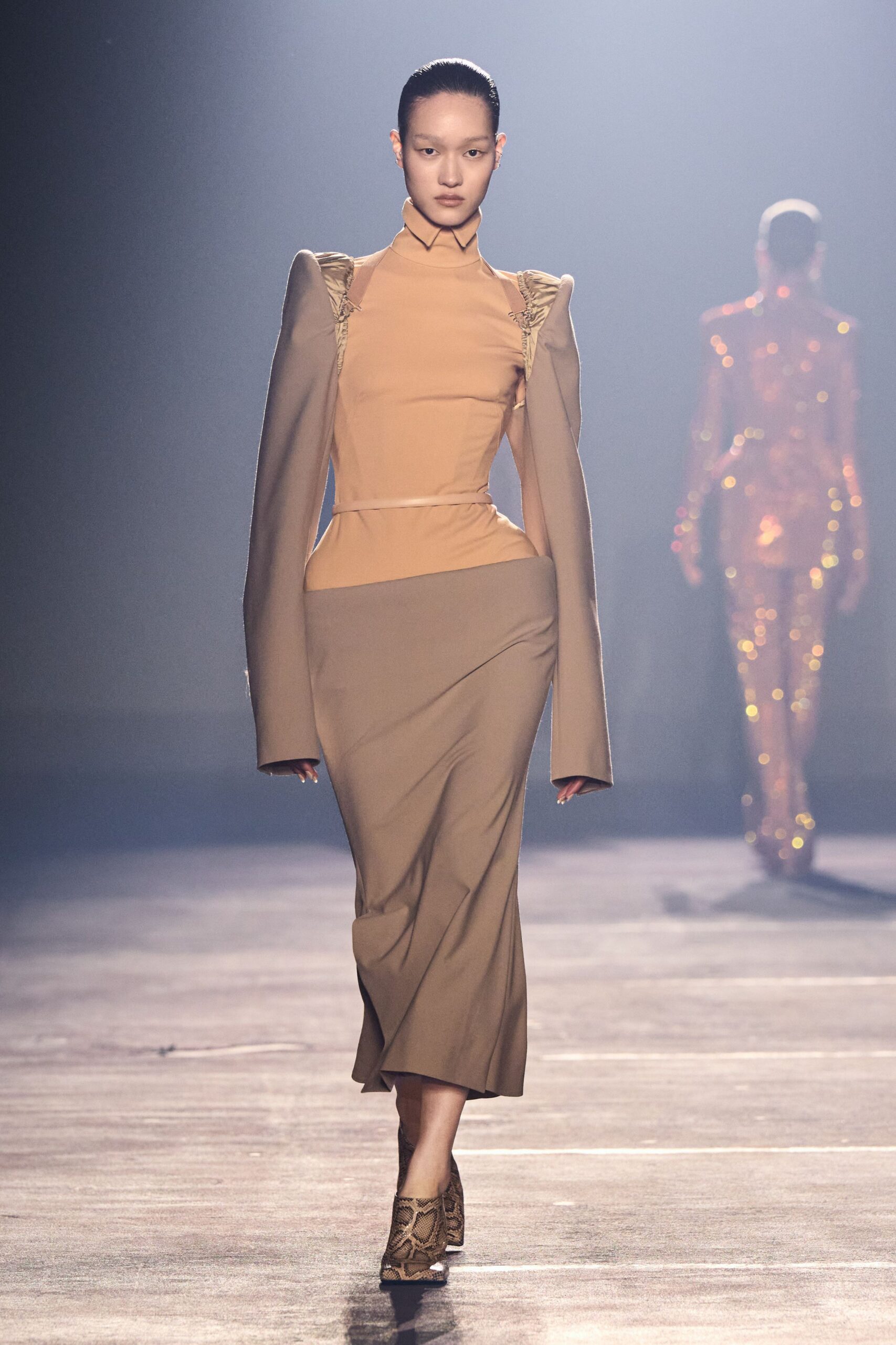 beige silk long-sleeve high-neck fitted structured midi dress