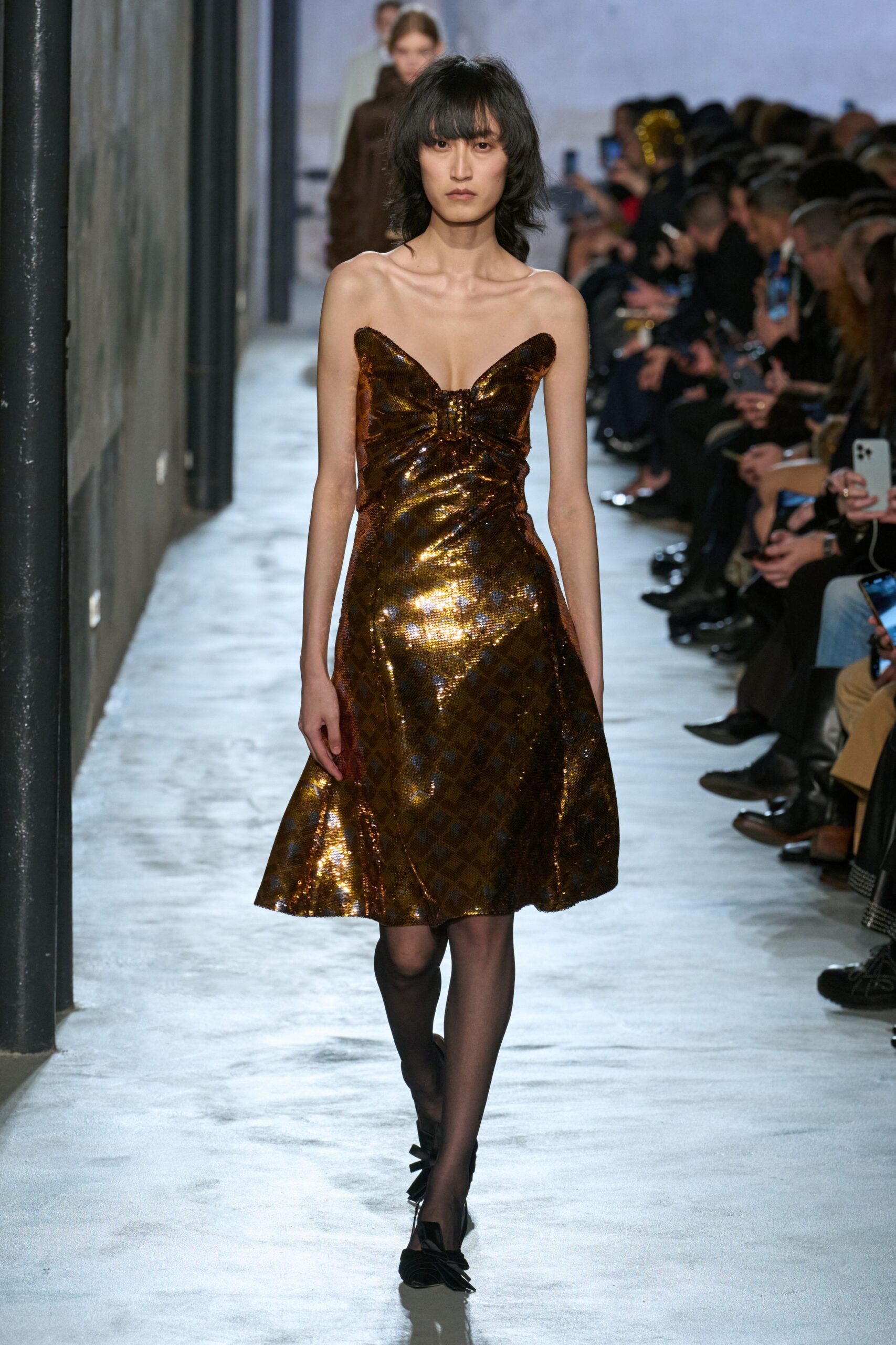 gold silk strapless v-neck fitted pleated embellished dress