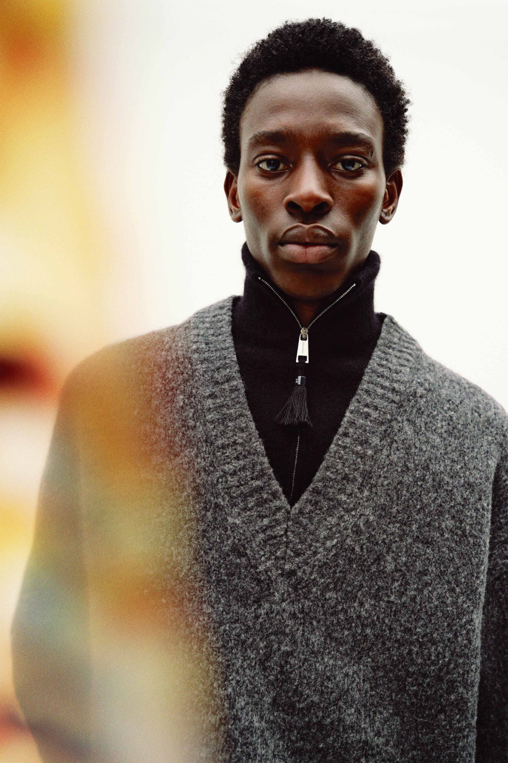 gray wool long-sleeve v-neck relaxed sweater