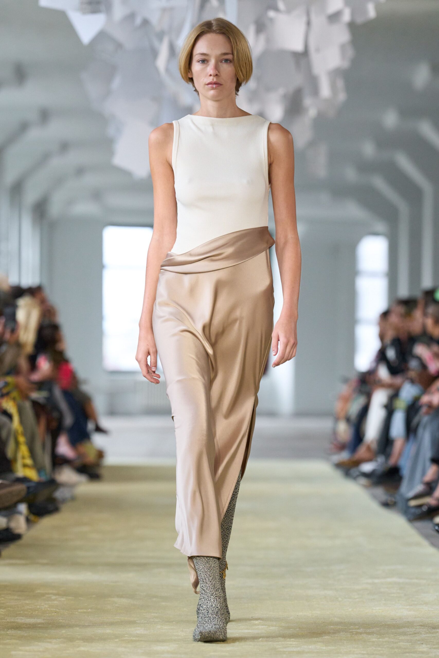 beige silk sleeveless high-neck fitted draped midi dress