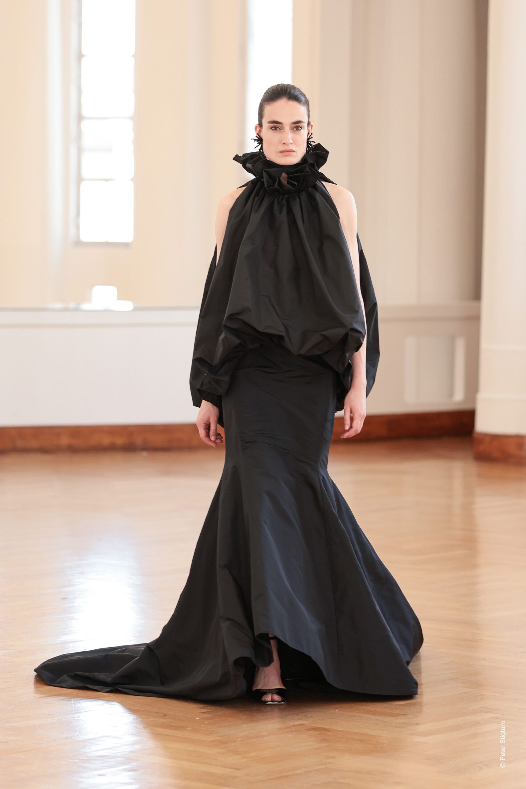 black silk off-shoulder gown