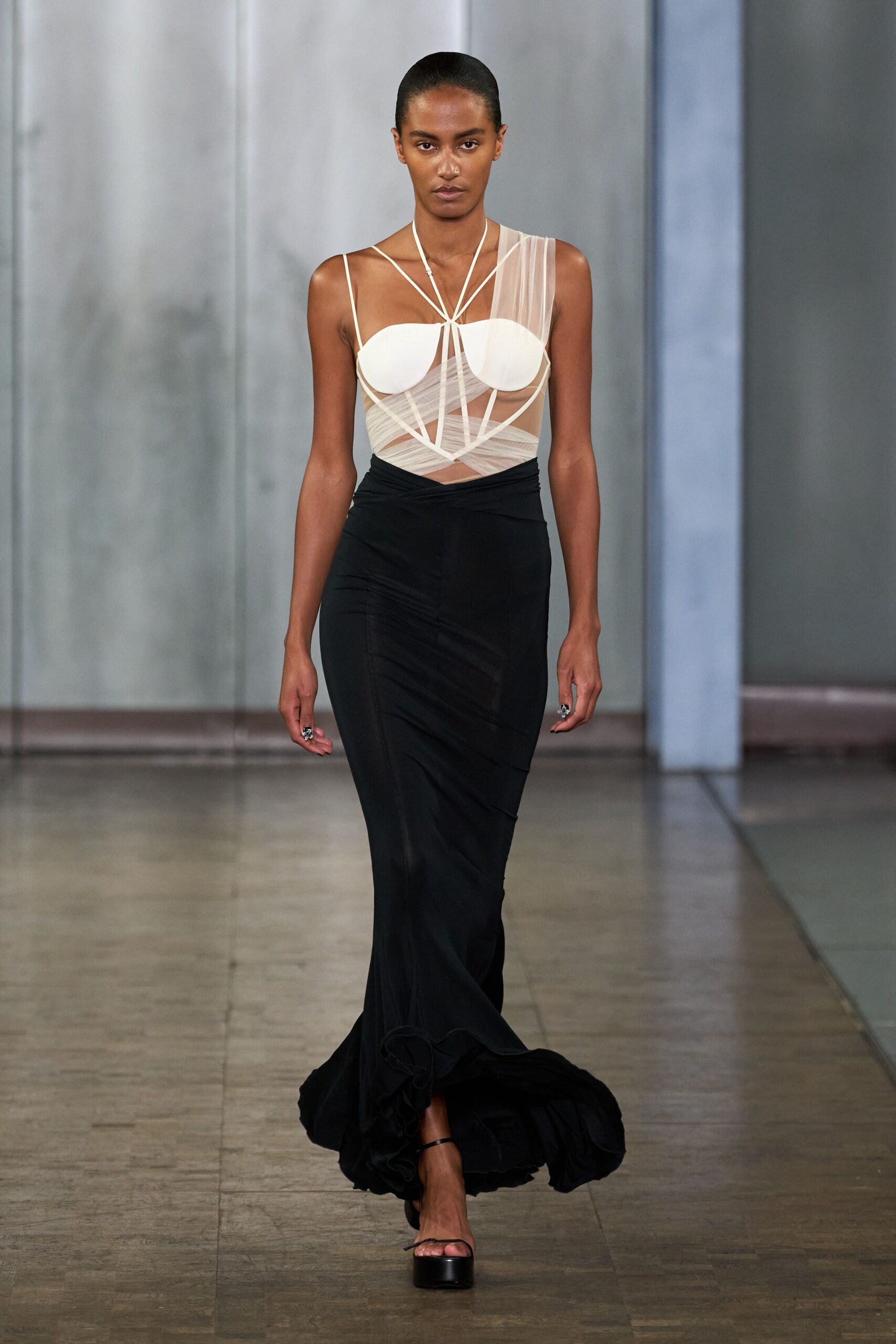 white fitted top black maxi skirt