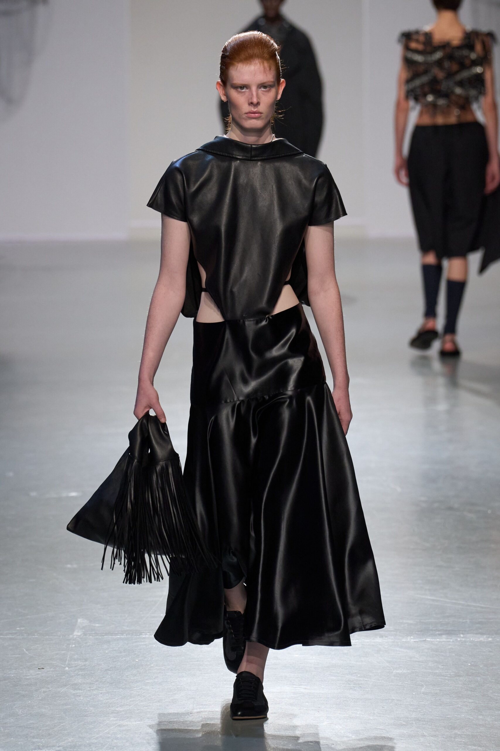 black leather sleeveless cutout fitted flowing midi dress