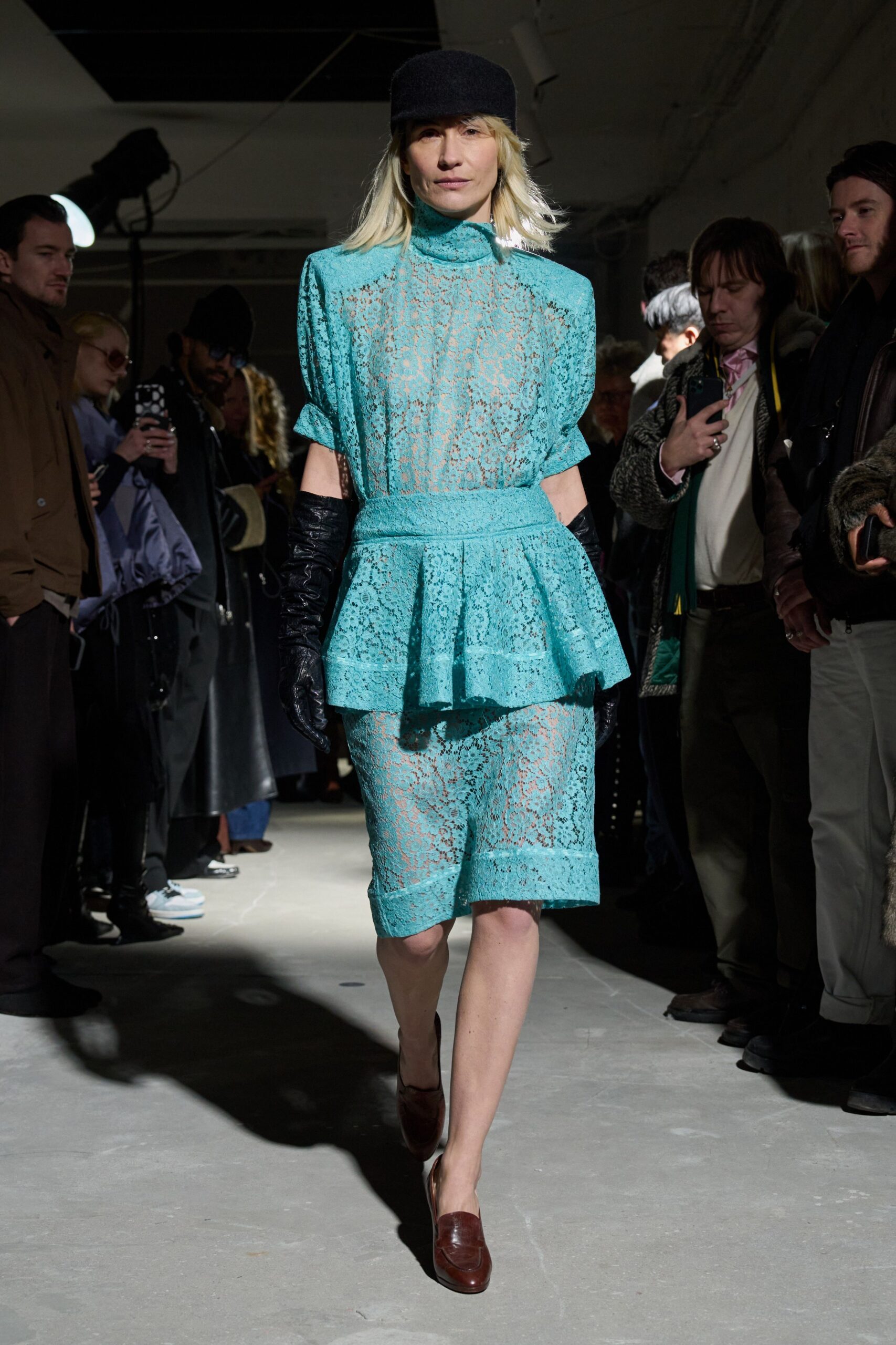 teal lace short-sleeve high-neck fitted pleated sheer dress