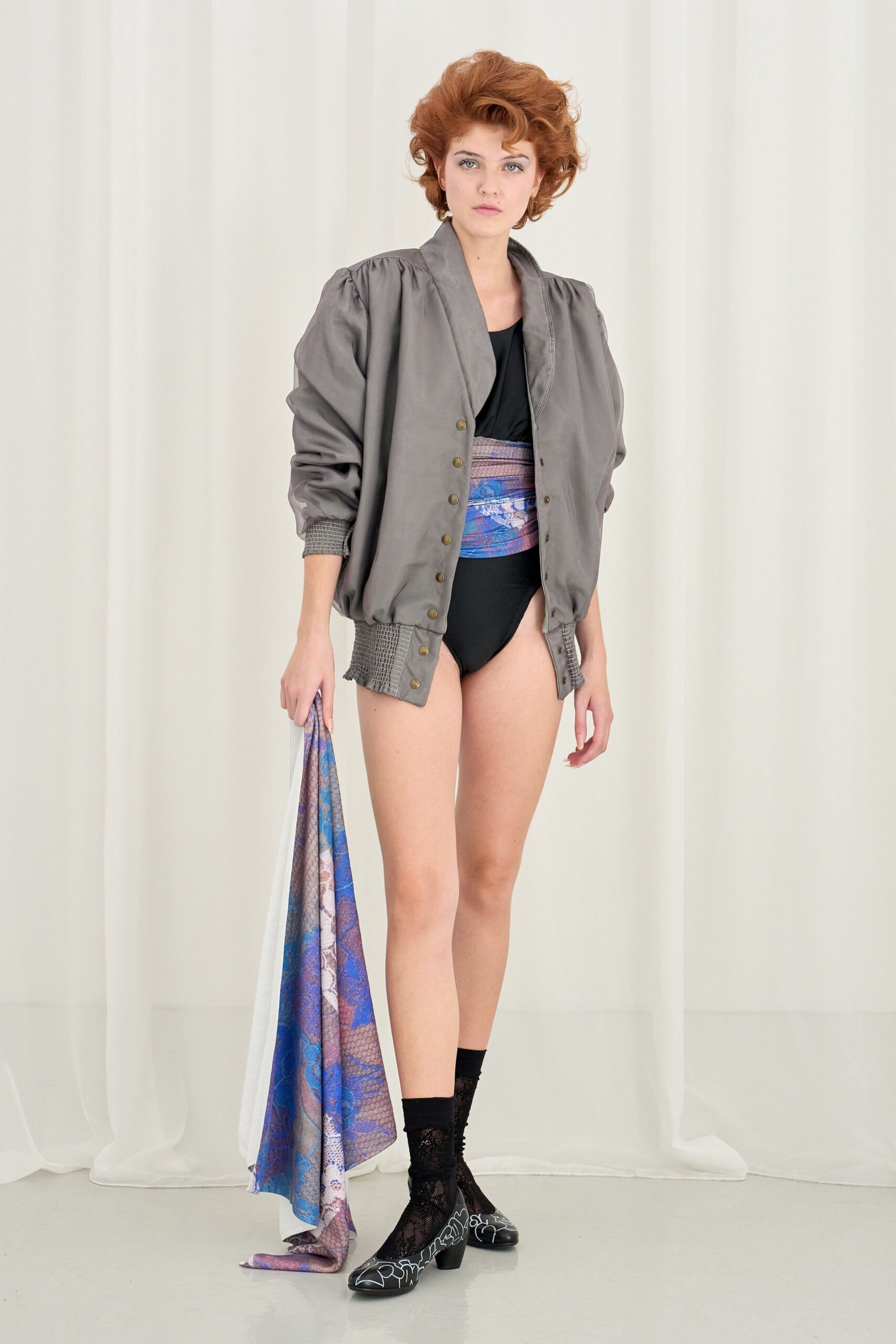 gray jacket black bodysuit