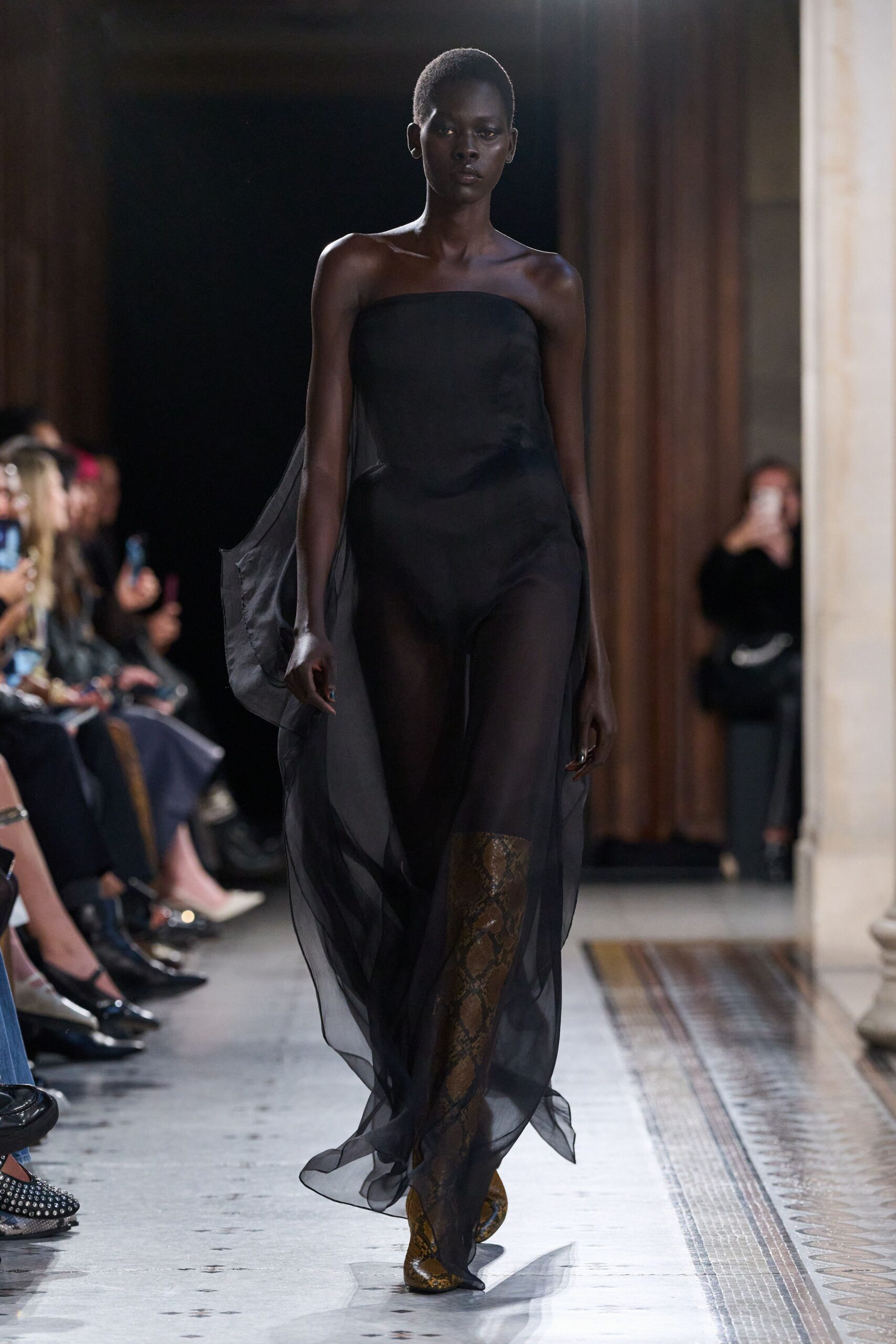 black chiffon strapless fitted layered sheer maxi gown
