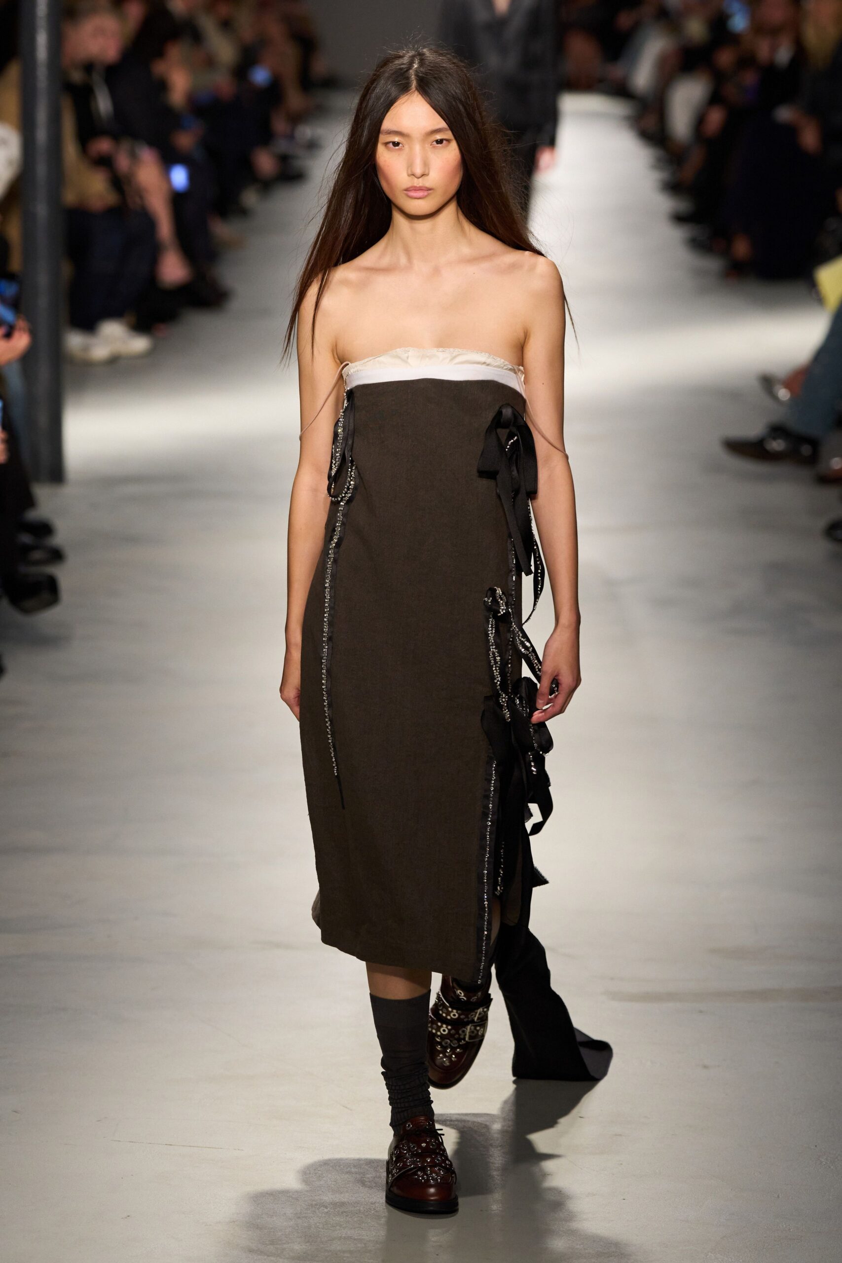 brown cotton strapless fitted draped midi dress