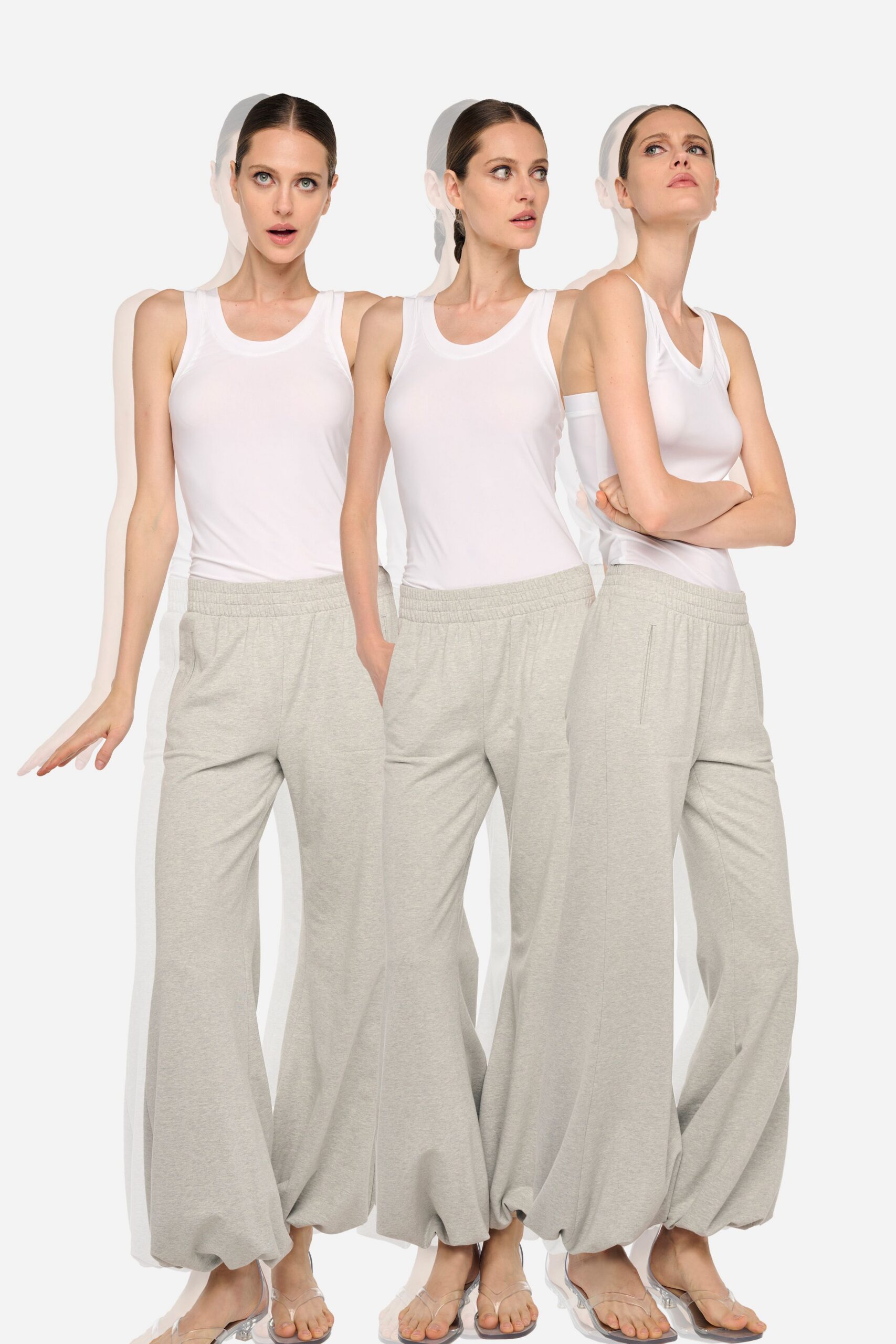 white tank-top gray relaxed pants