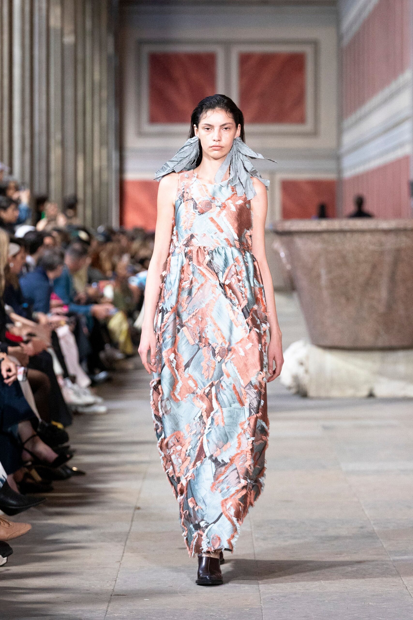blue silk sleeveless high-neck relaxed draped flowing dress