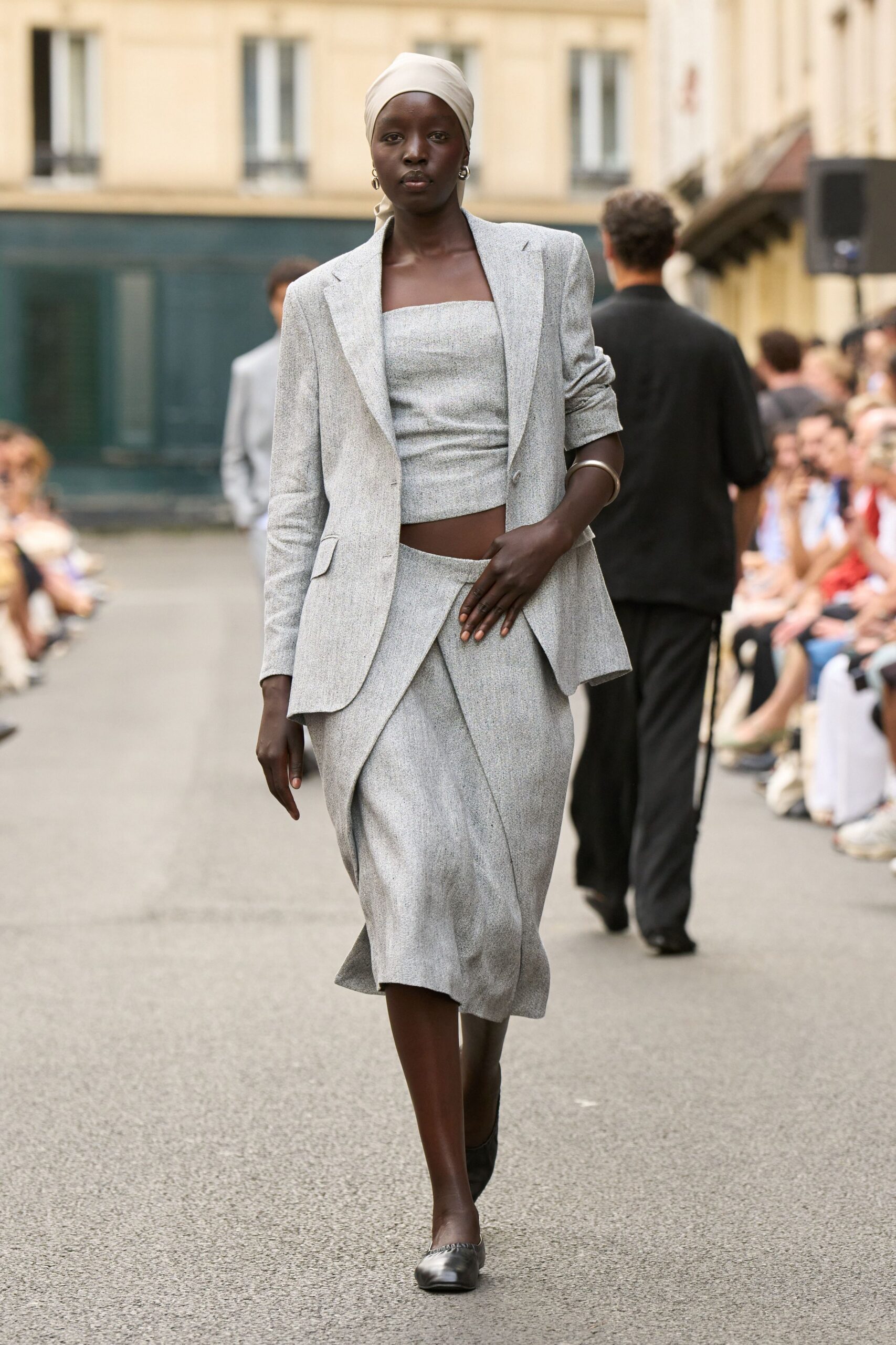 gray tailored blazer with fitted top and skirt