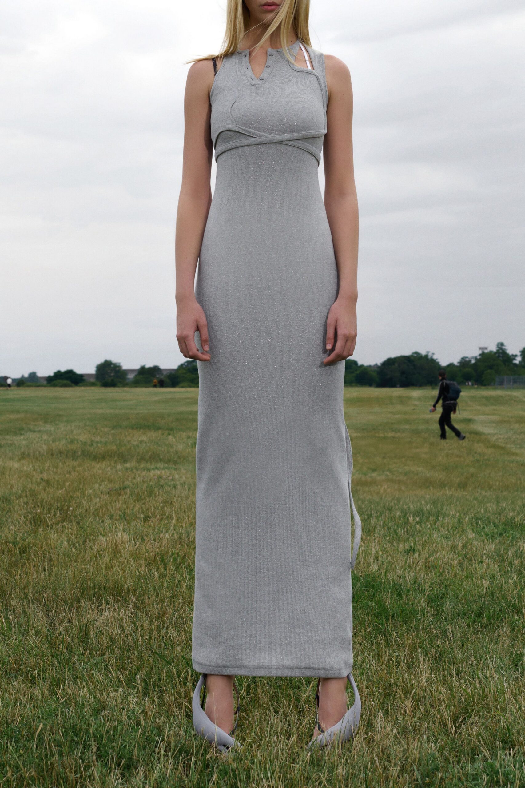 gray cotton sleeveless high-neck fitted maxi gown