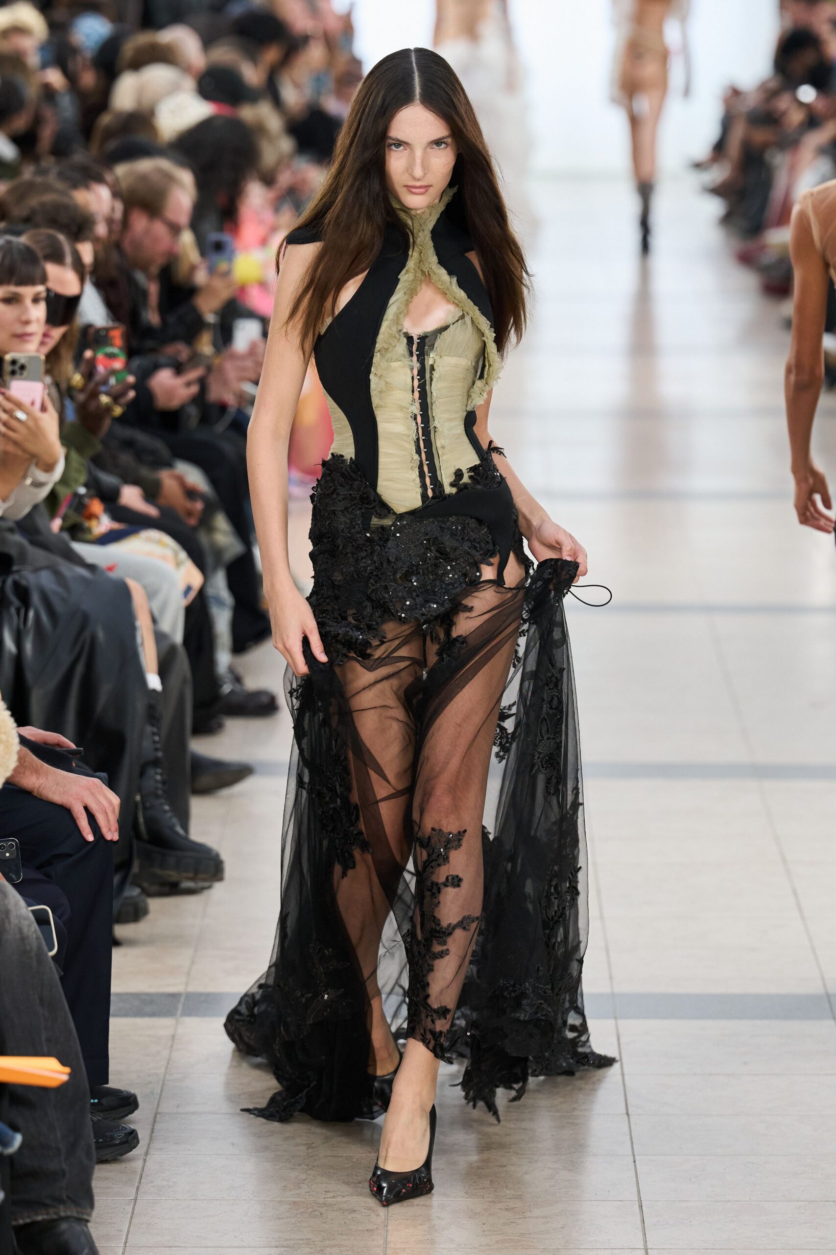 black and beige gown with sheer details