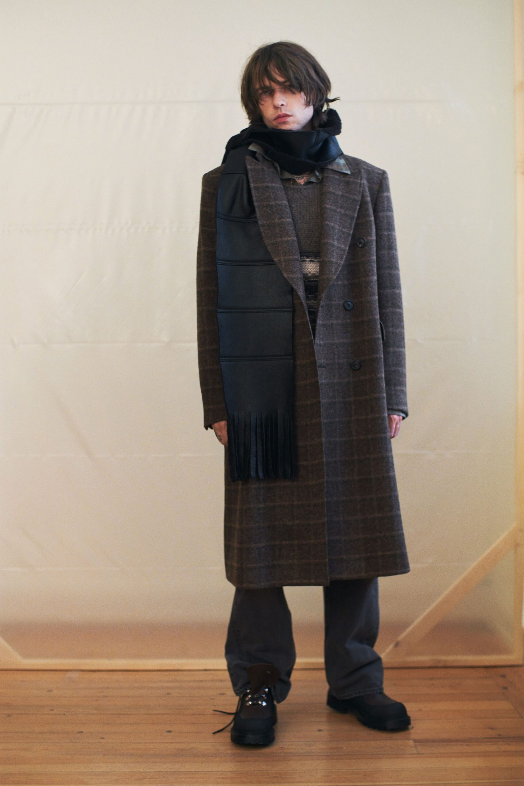brown wool long-sleeve collared tailored checked maxi coat