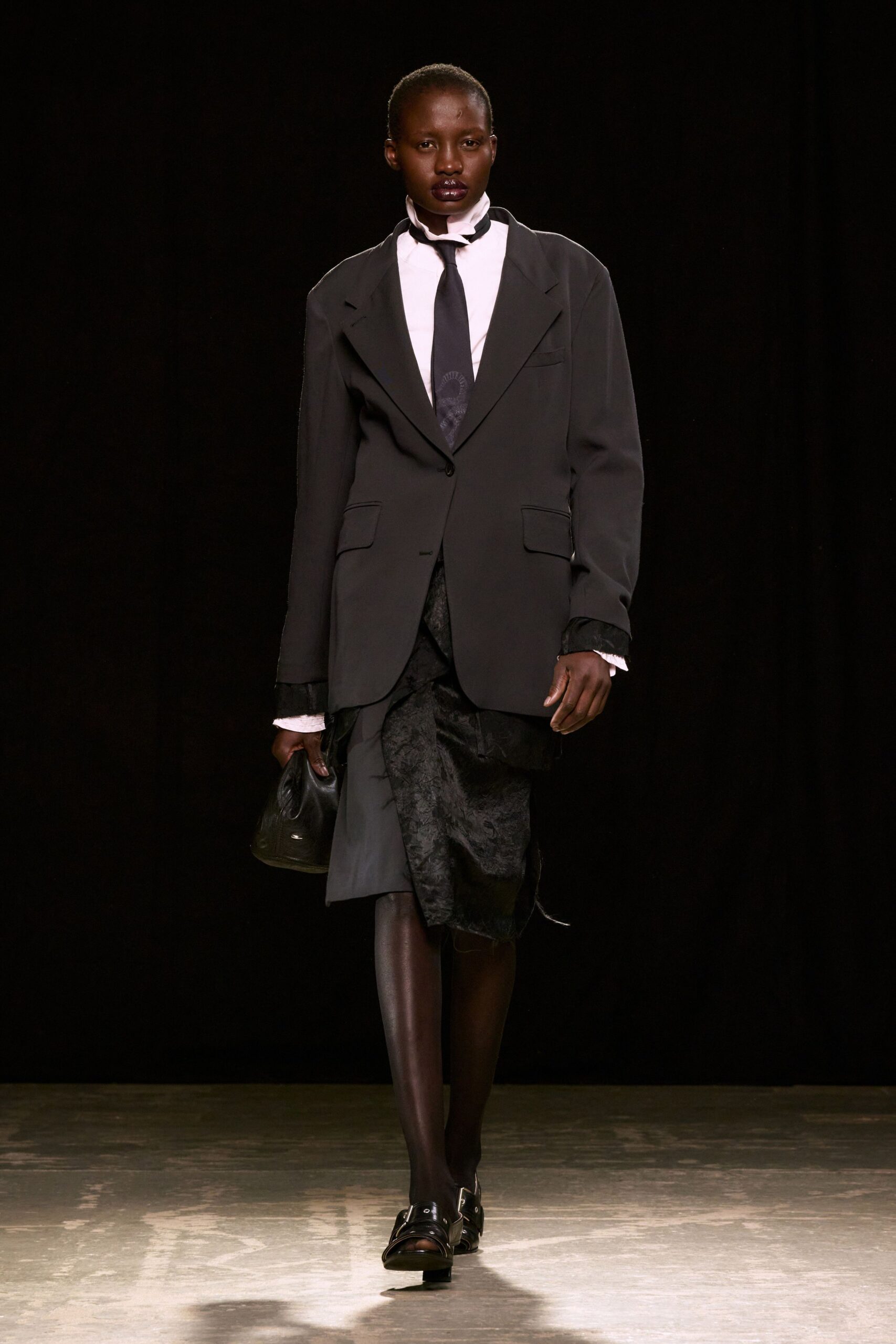 black silk asymmetric fitted pleated skirt