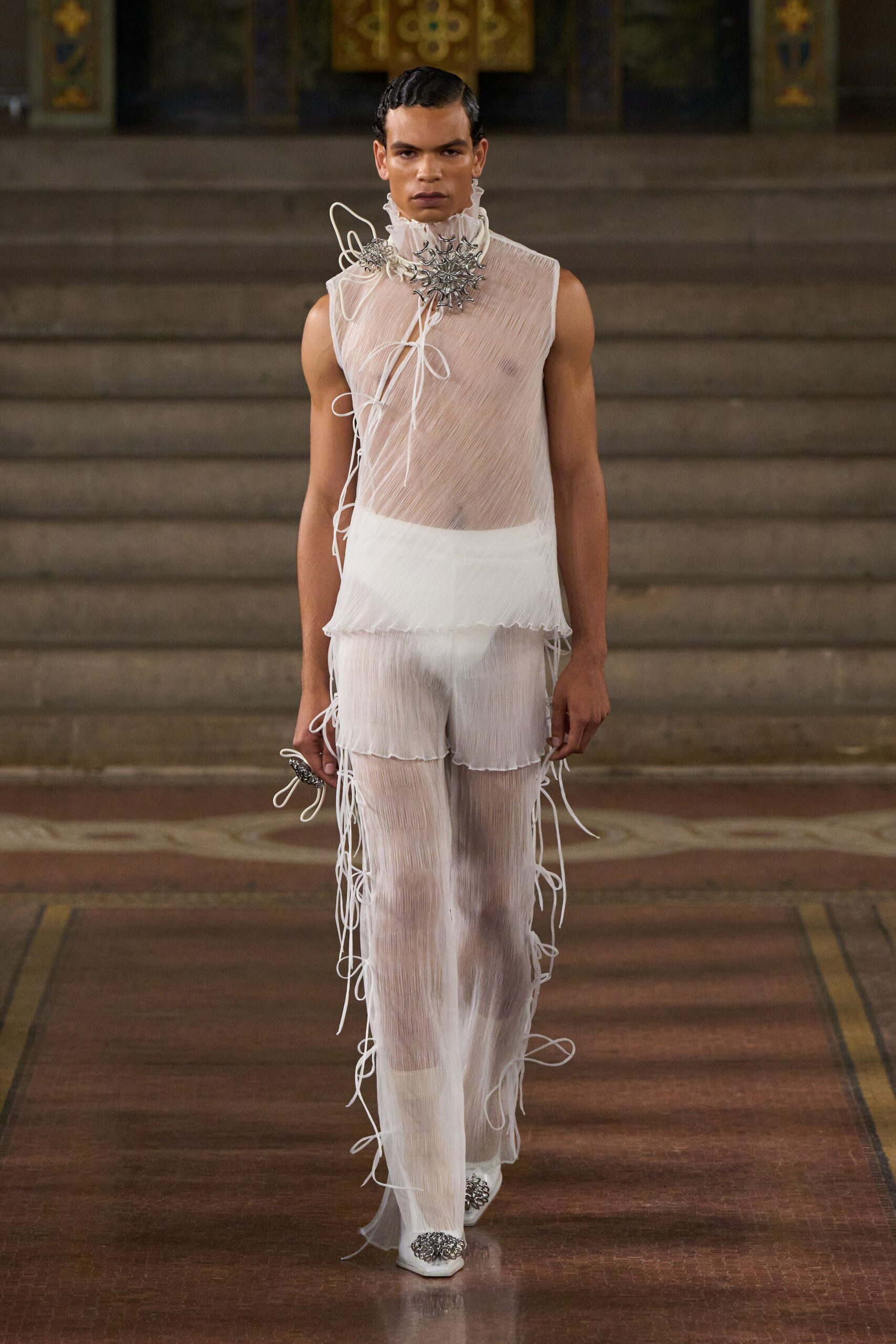 white mesh fitted layered fringed sheer pants