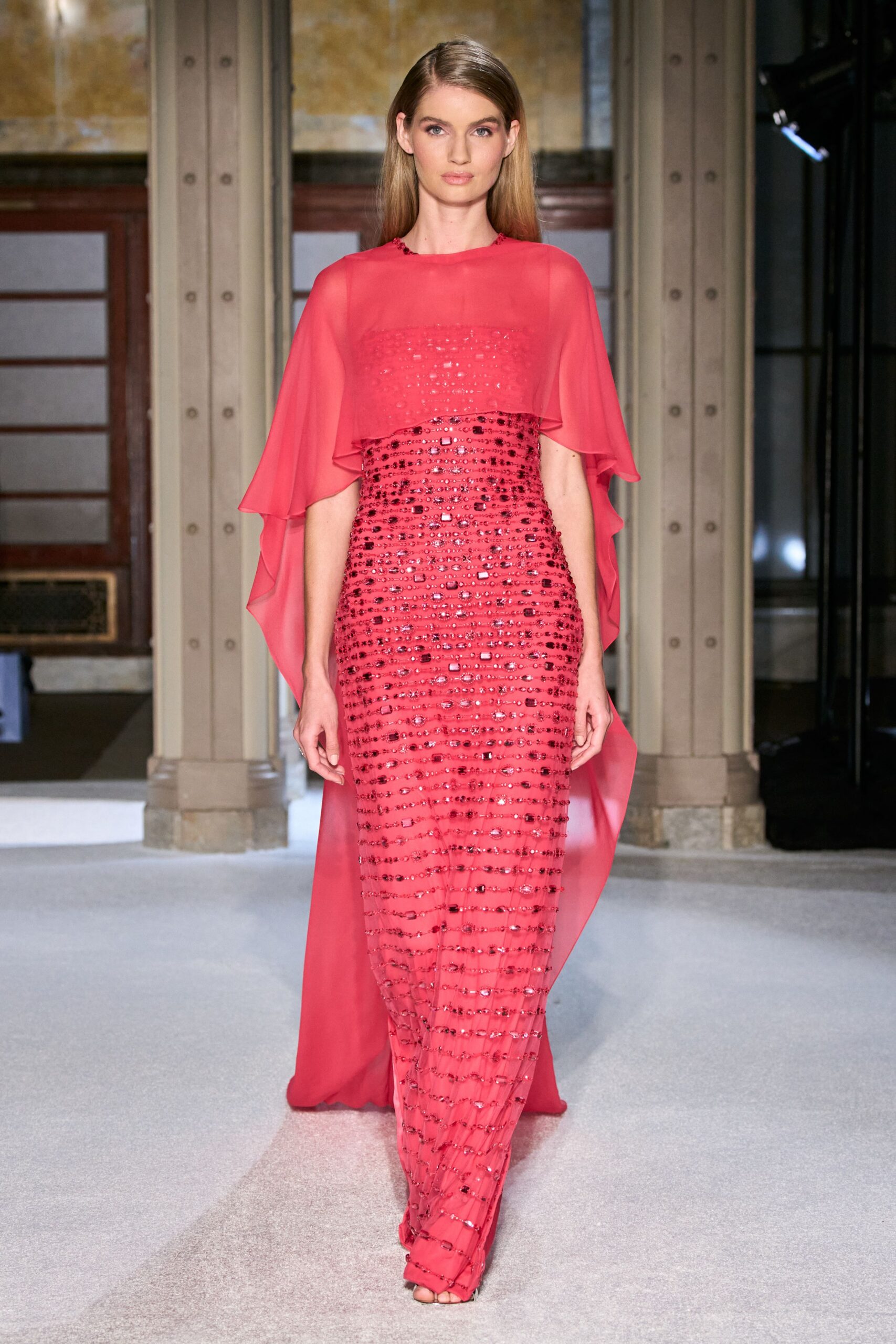 red silk embellished gown