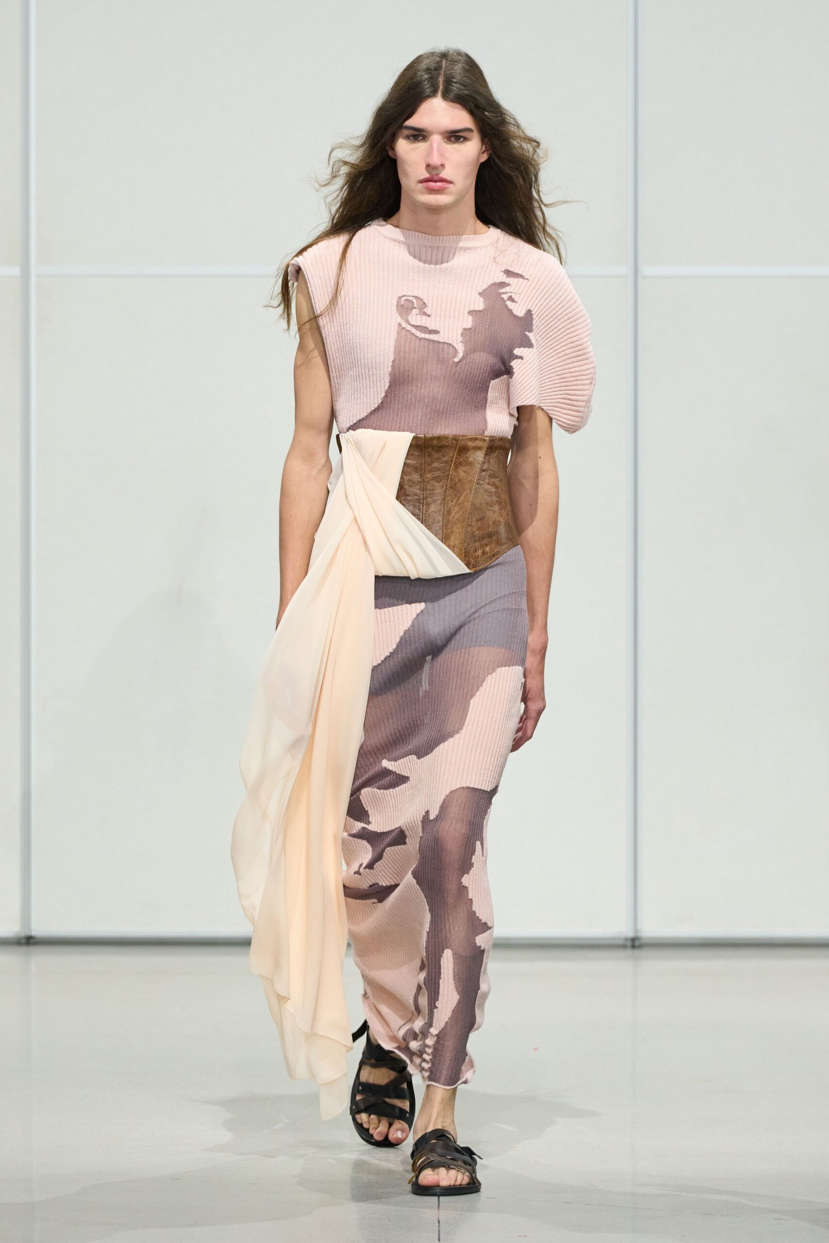 pink beige pleated midi dress