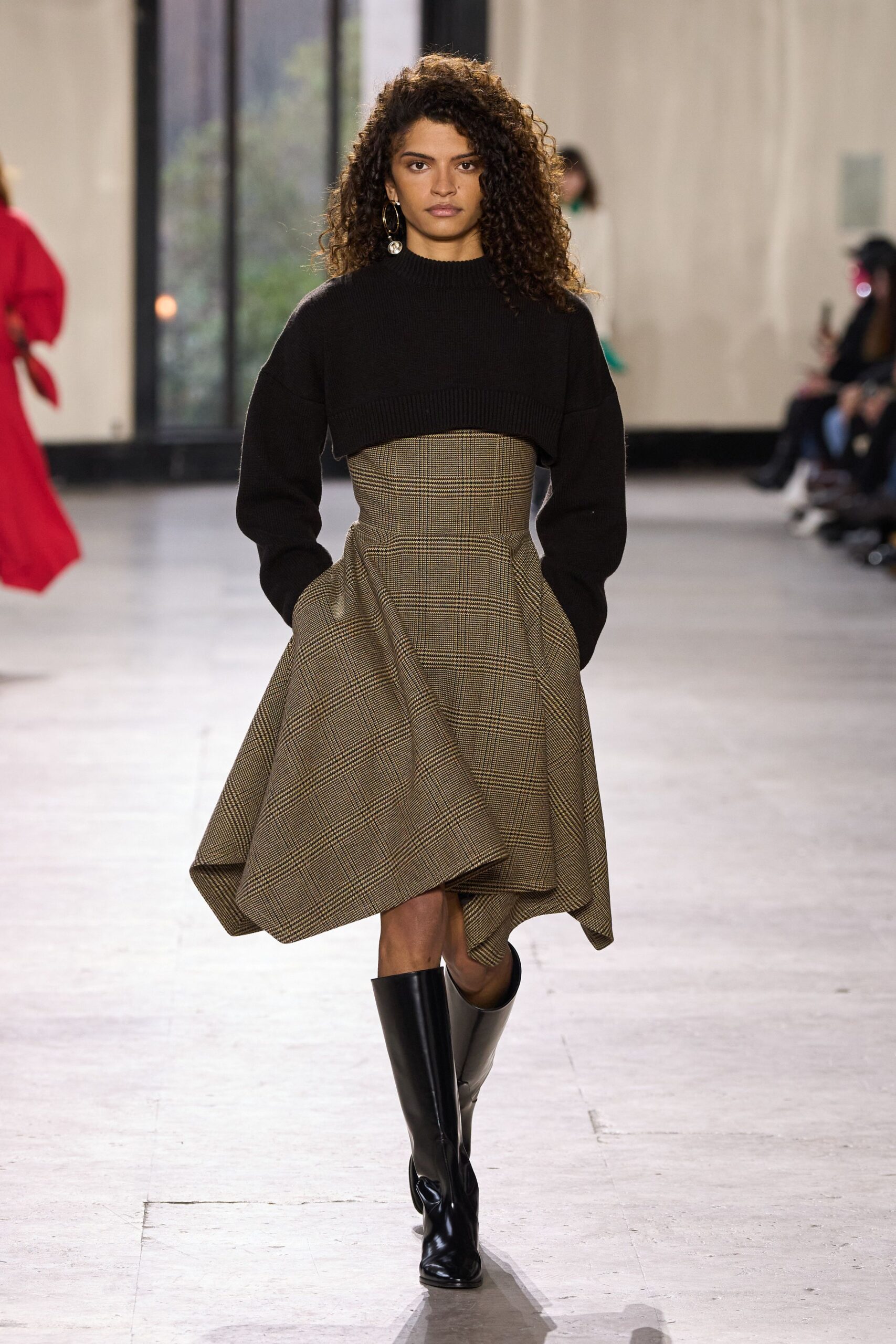 black wool long-sleeve high-neck fitted checked pleated dress