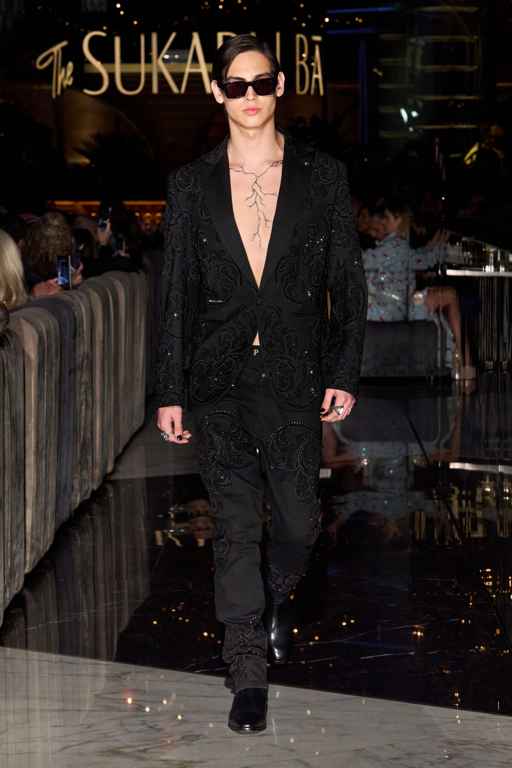 black silk long-sleeve v-neck fitted embroidered suit
