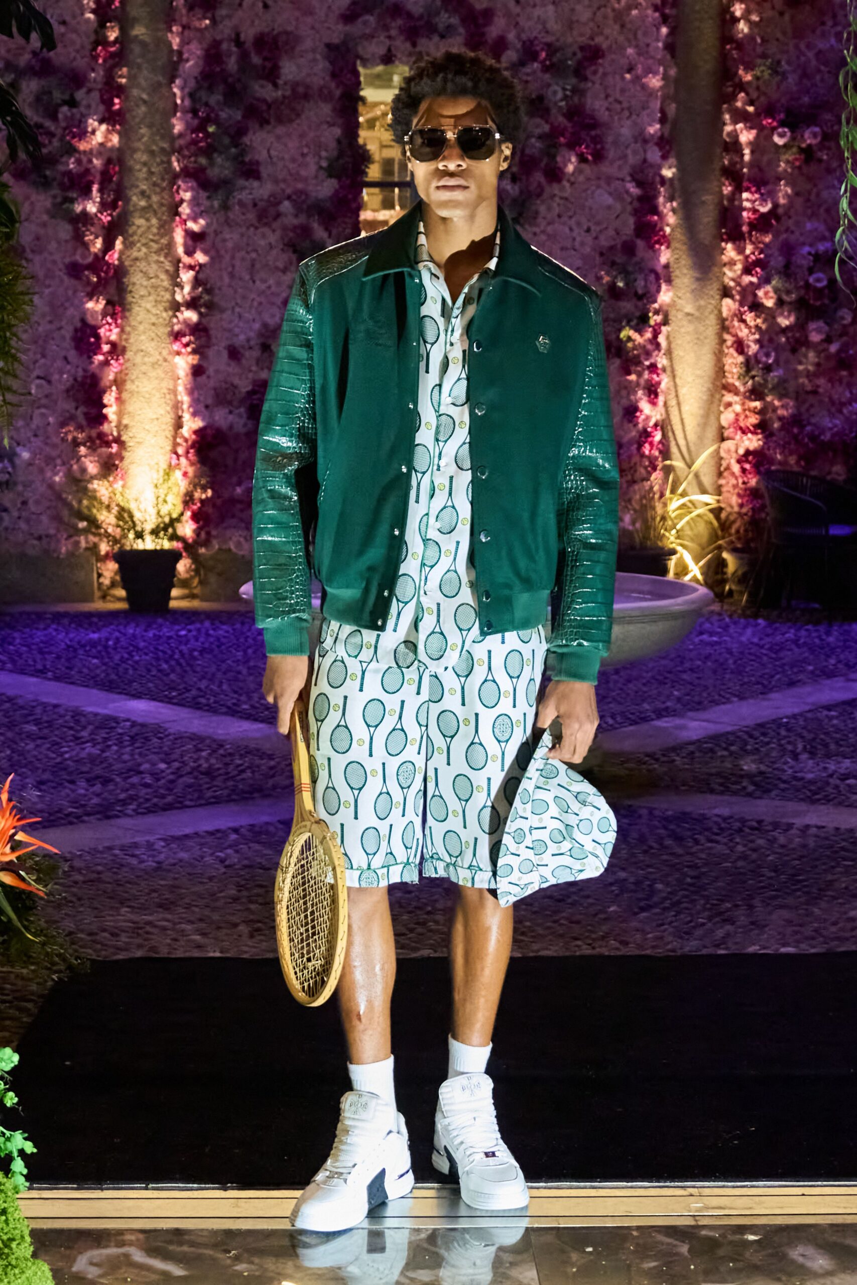green jacket with printed shirt-dress