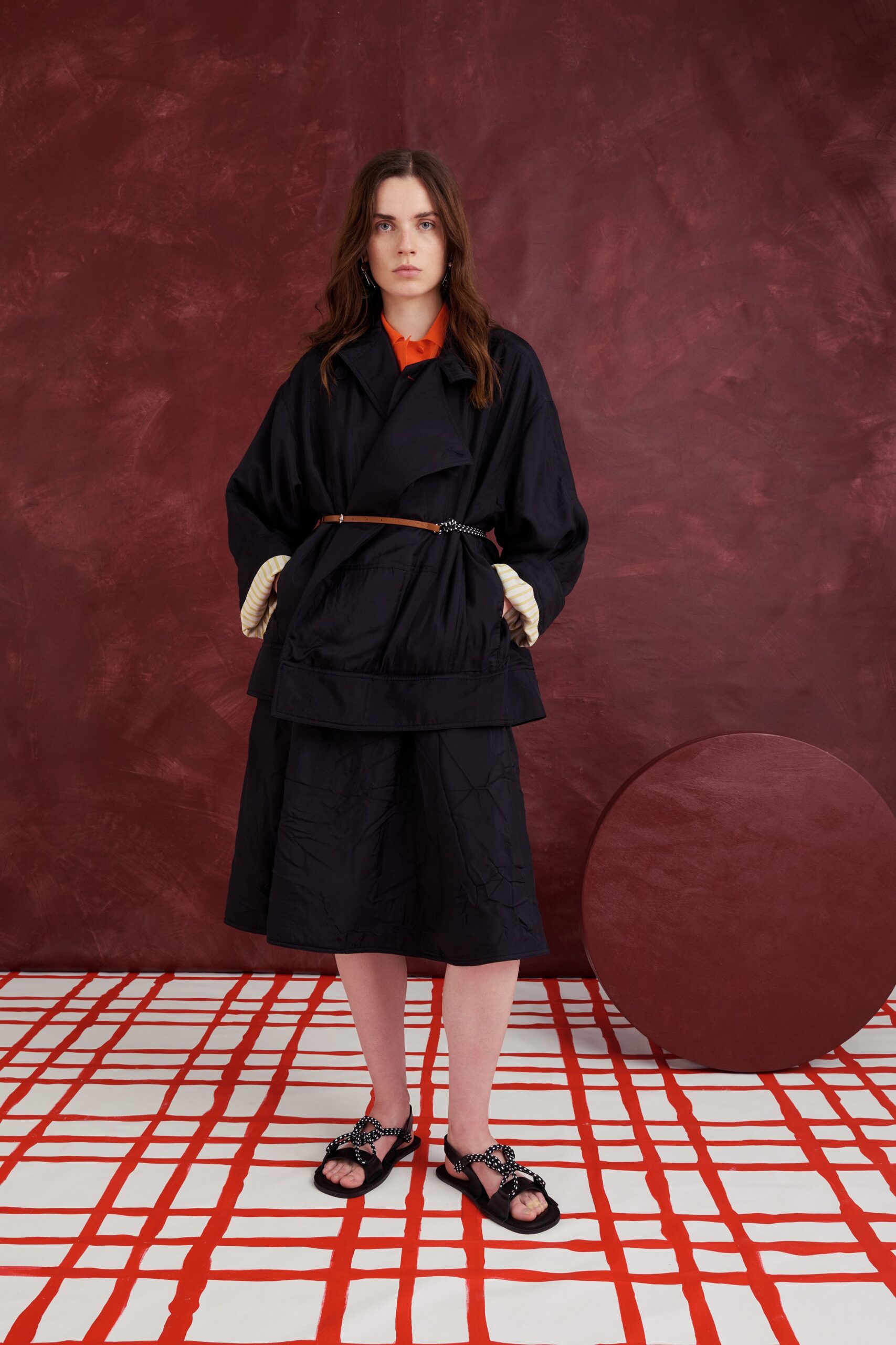 black cotton long-sleeve collared relaxed belted jacket