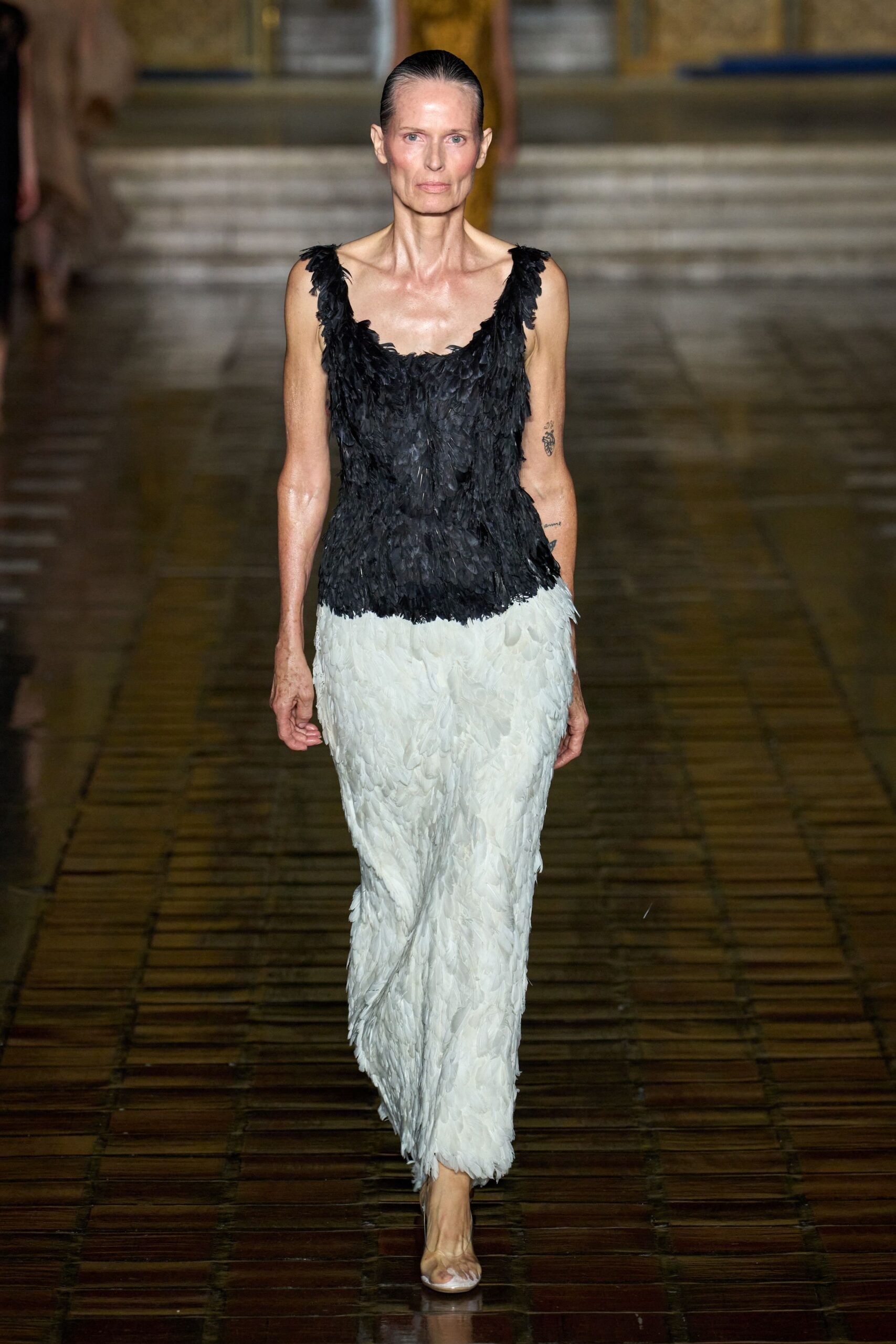 black feathered top white feathered skirt