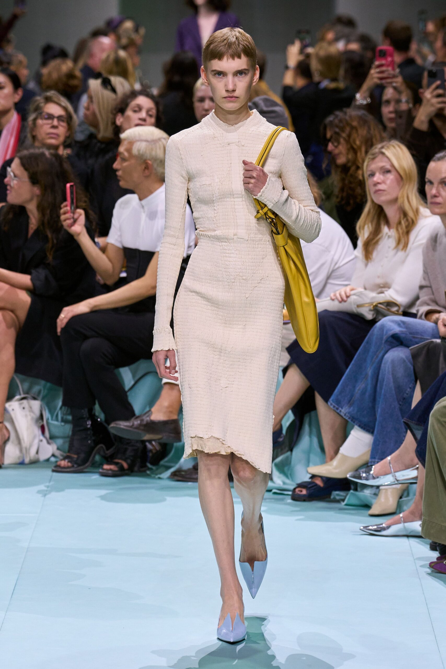 beige cotton long-sleeve collared fitted textured midi dress