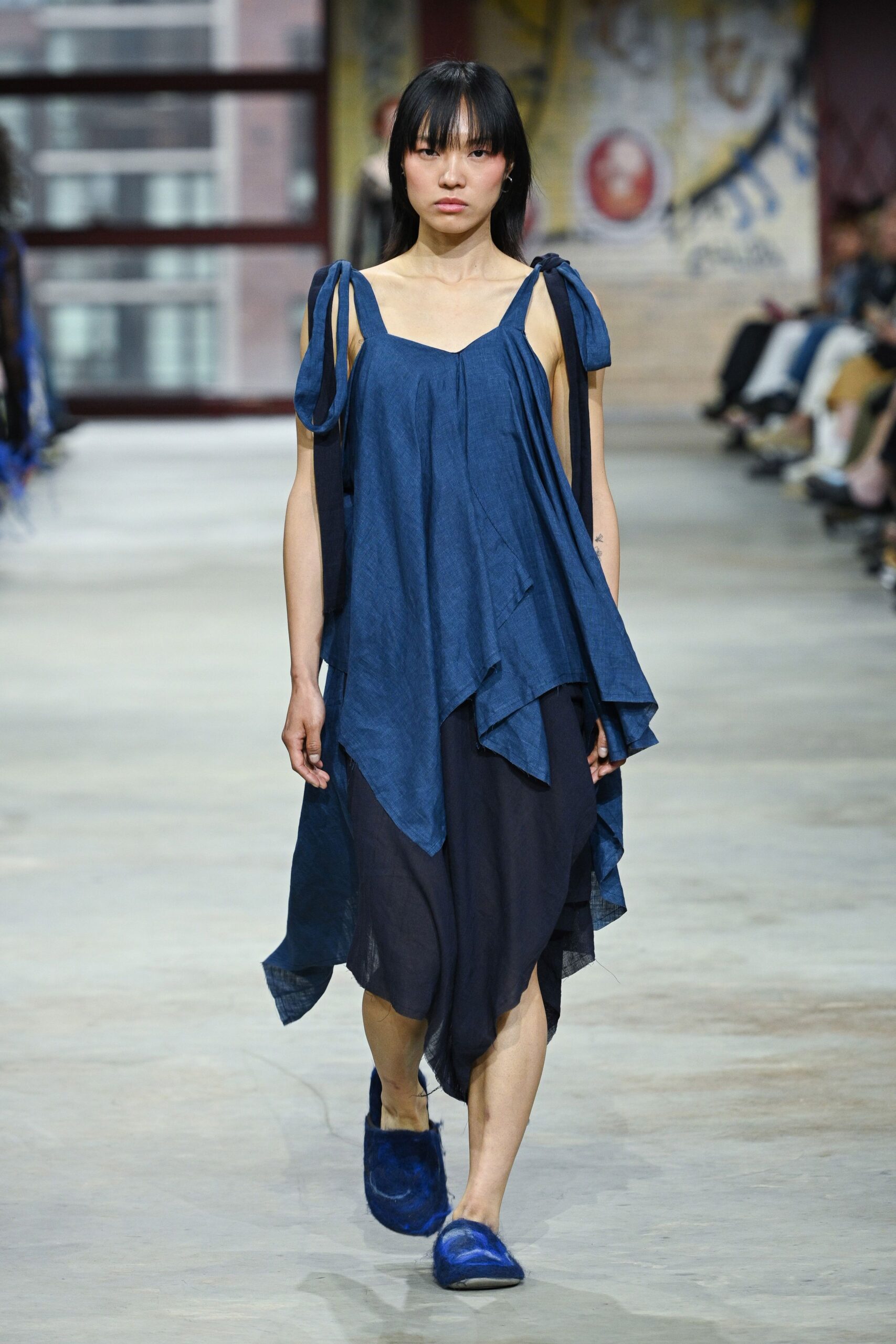 blue cotton sleeveless relaxed draped top