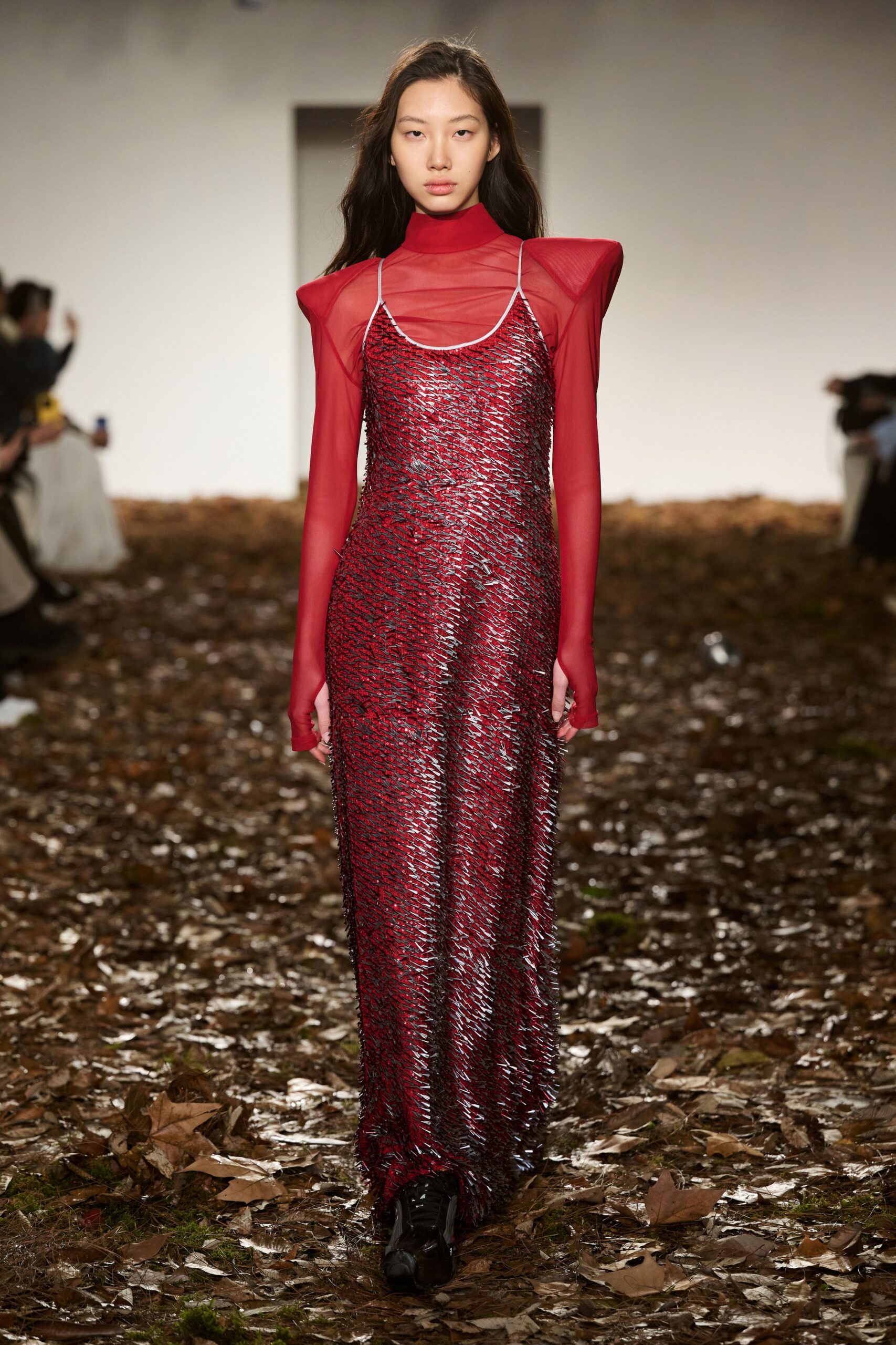 red silk sleeveless v-neck fitted pleated shiny gown