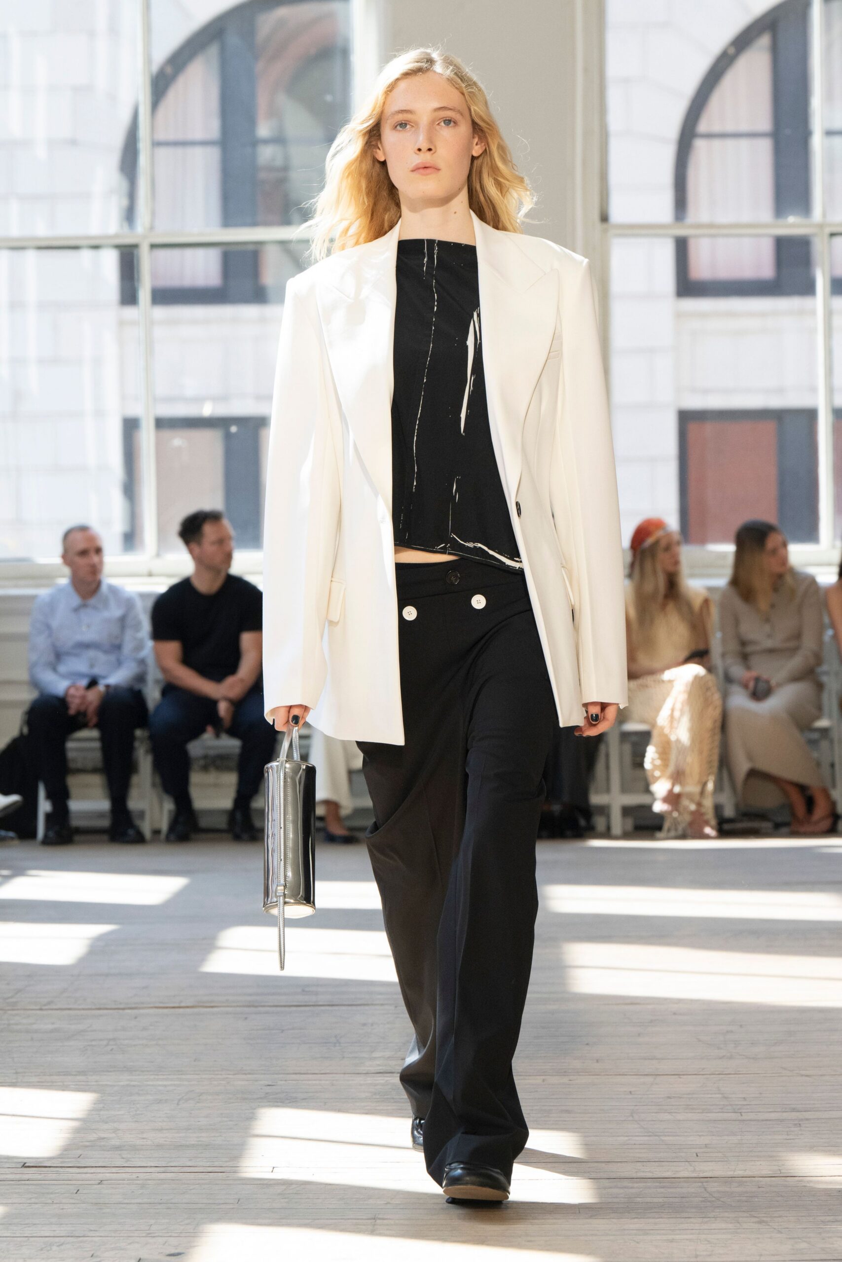 white cotton long-sleeve collared structured buttoned blazer