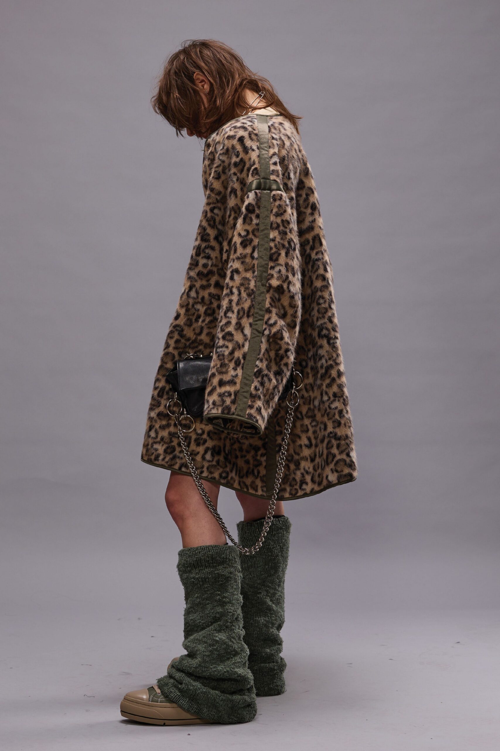 brown faux-fur long-sleeve oversized animal-print short dress