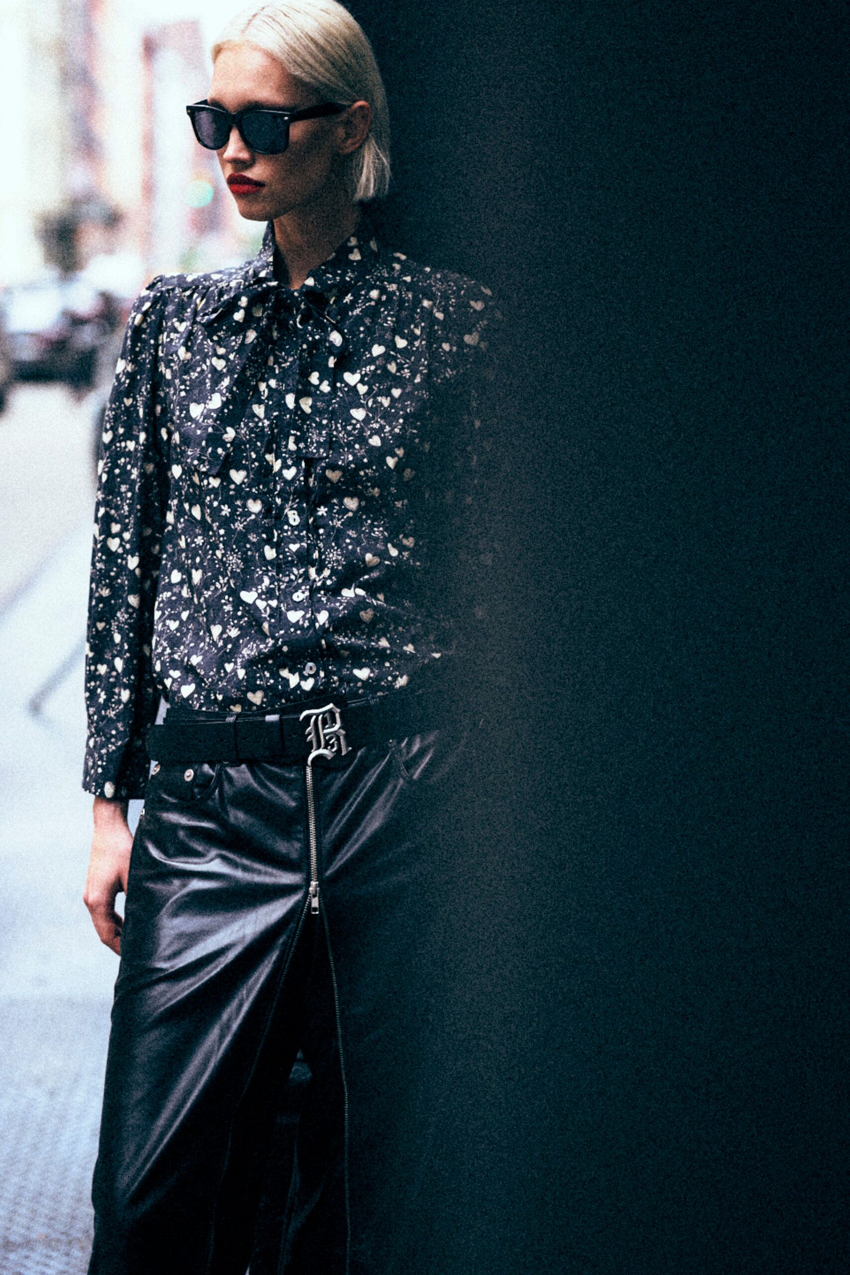 black floral shirt with leather pants