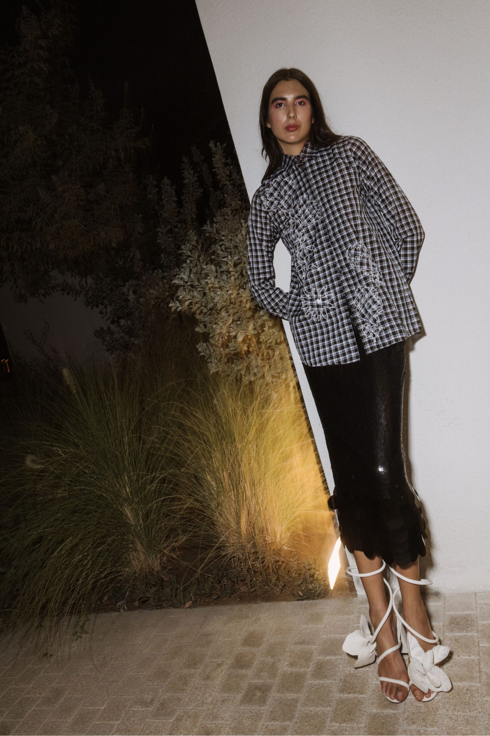 checked top black leather skirt