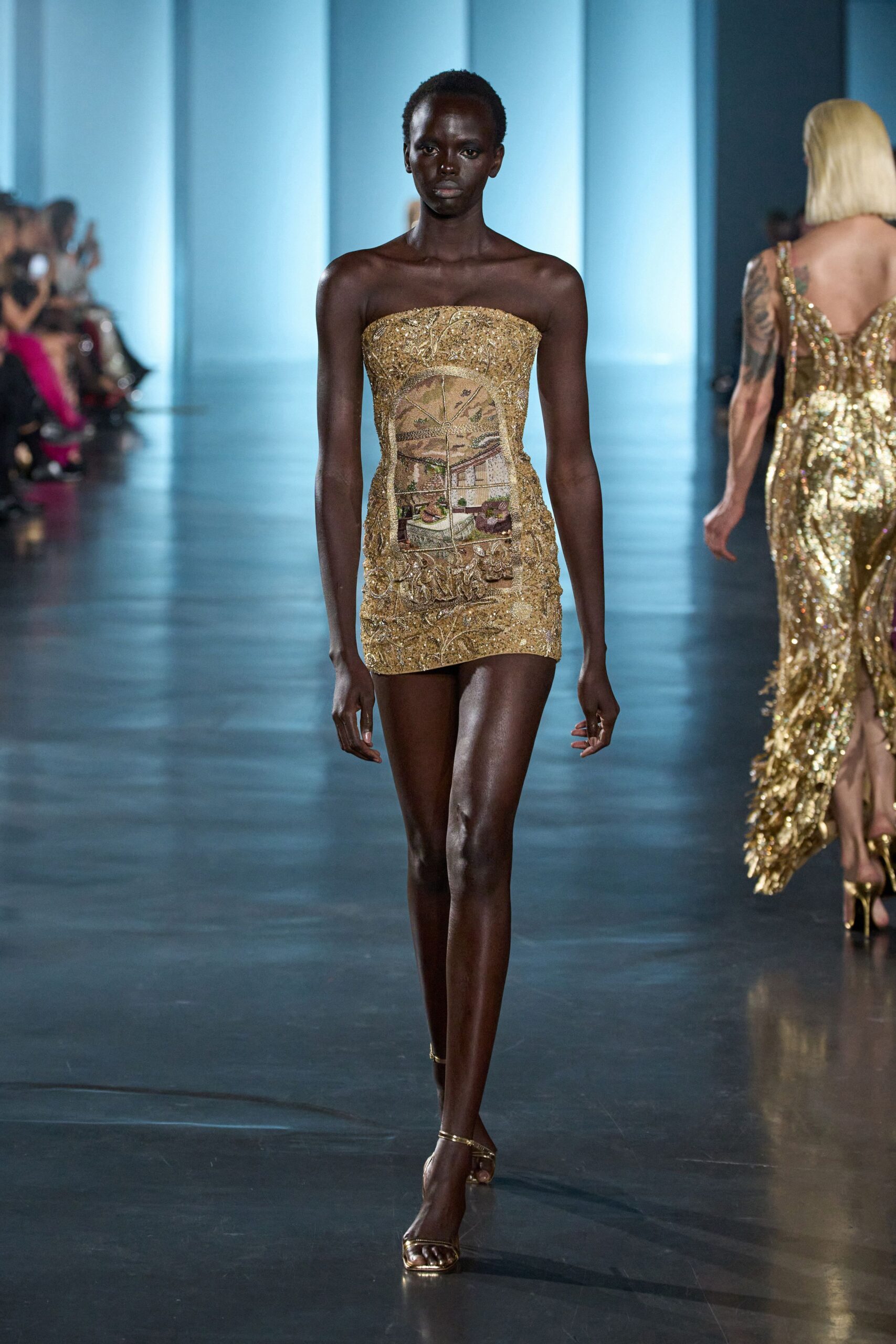 gold silk strapless fitted embroidered shiny mini mini-dress