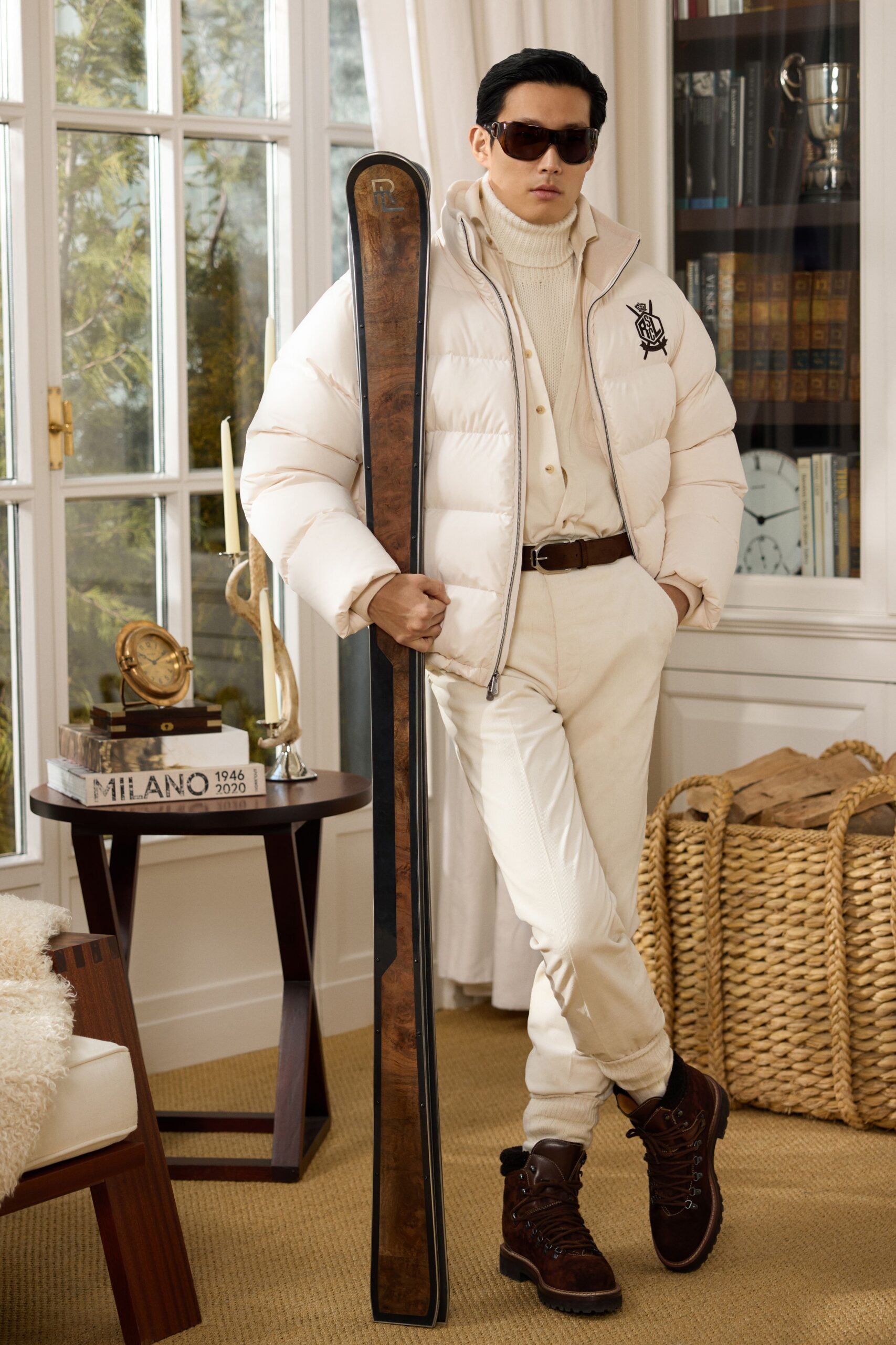 white puffer jacket with beige sweater