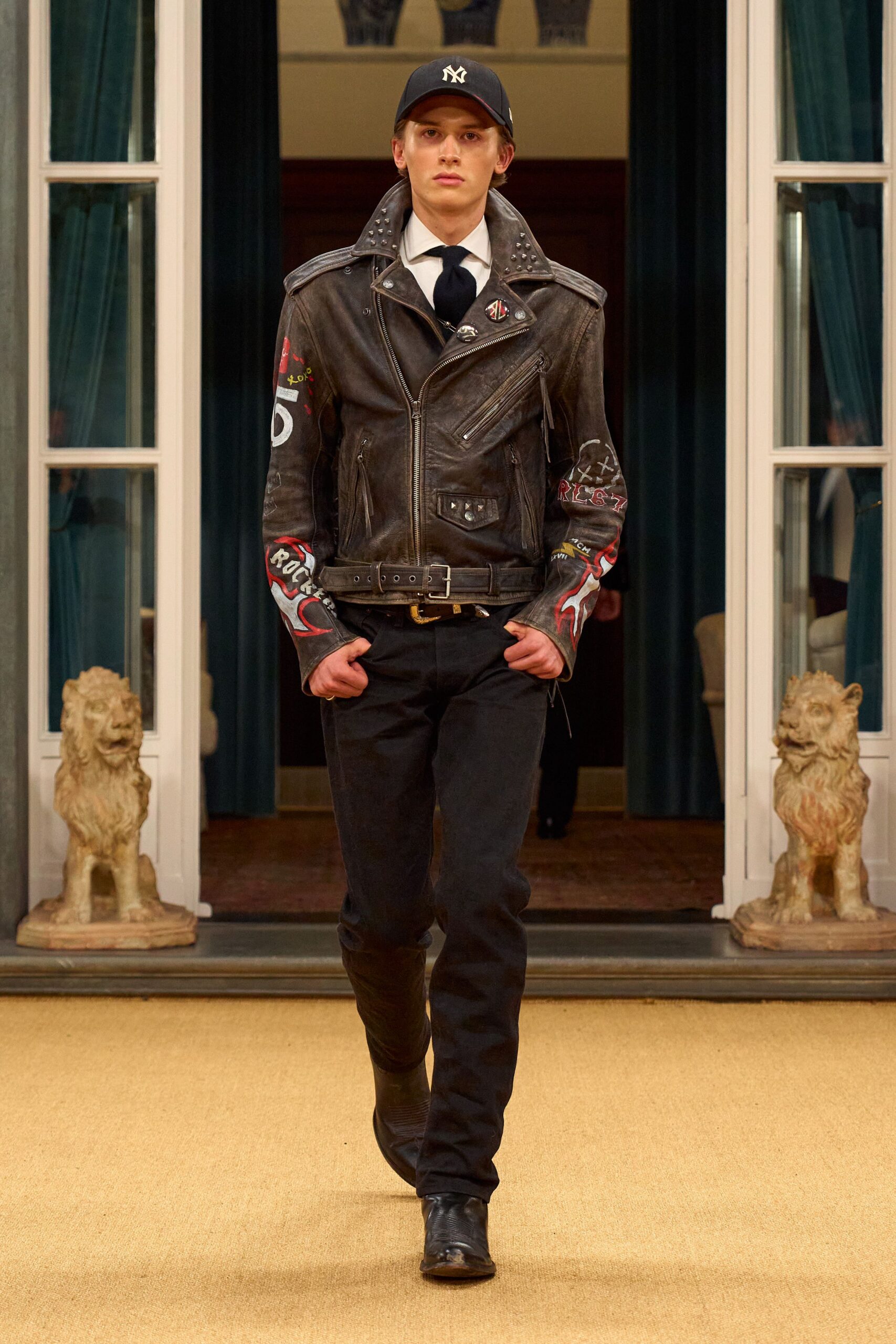 black leather long-sleeve collared fitted embroidered jacket