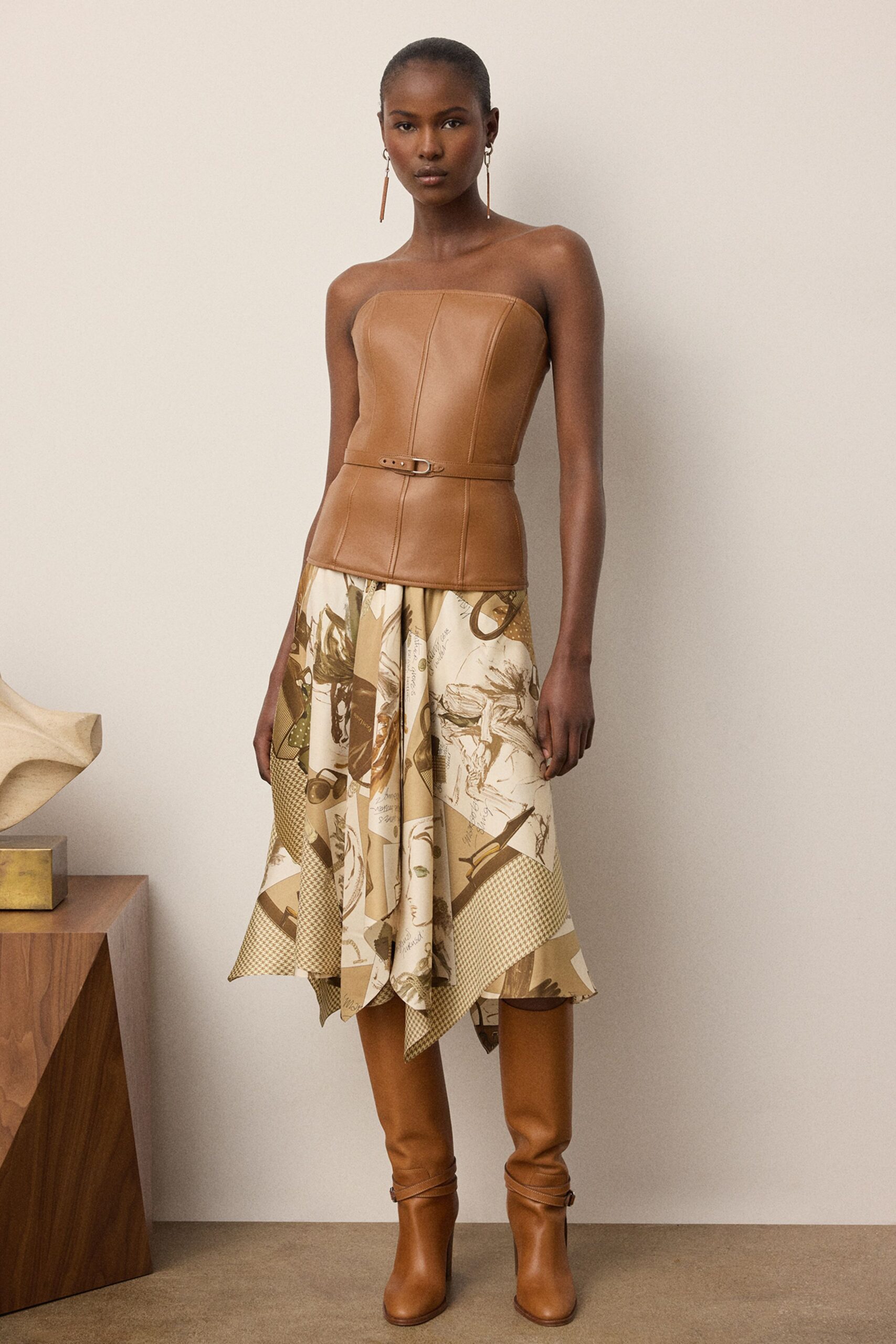 brown leather strapless asymmetric fitted pleated midi dress