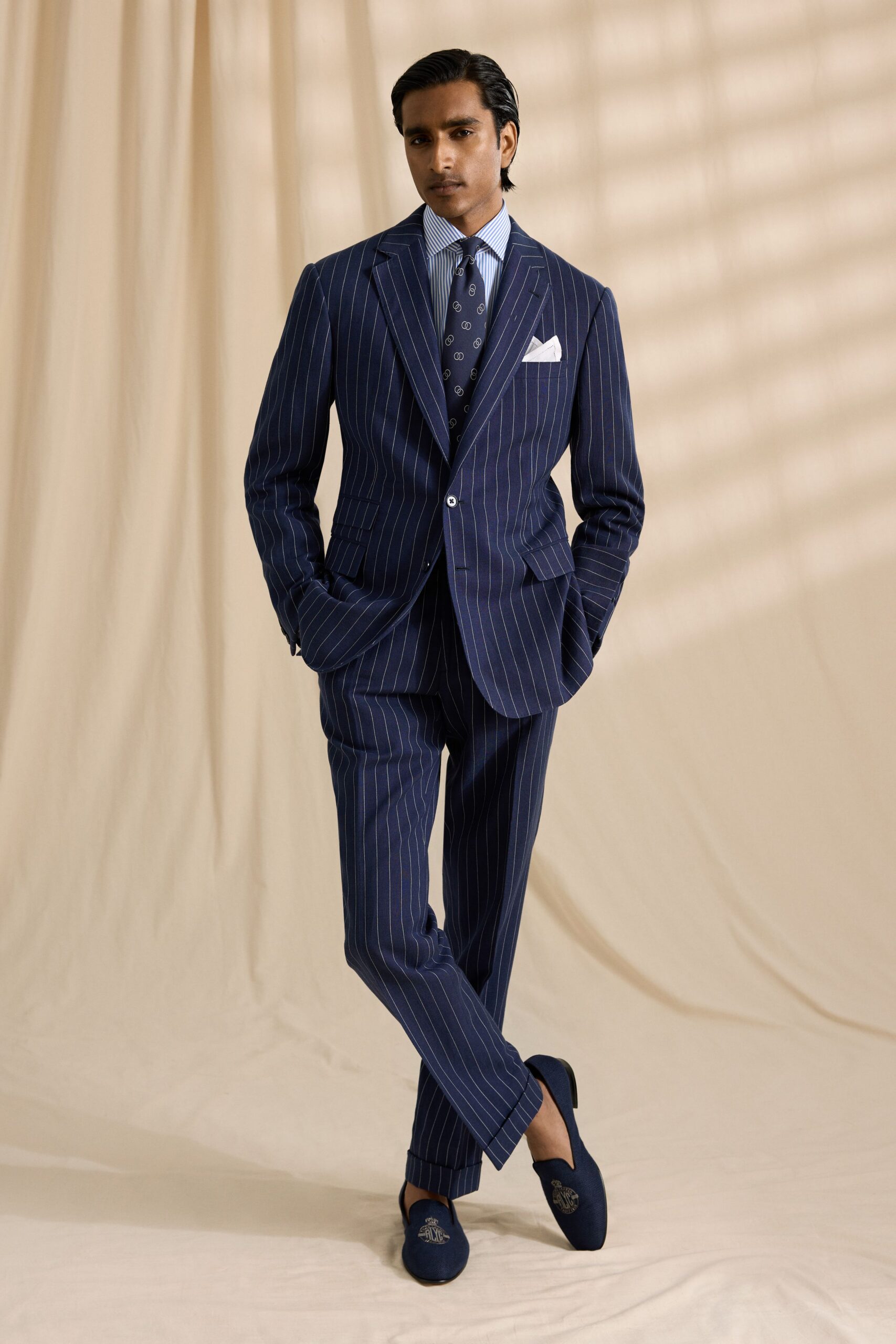 blue cotton long-sleeve collared tailored striped buttoned suit