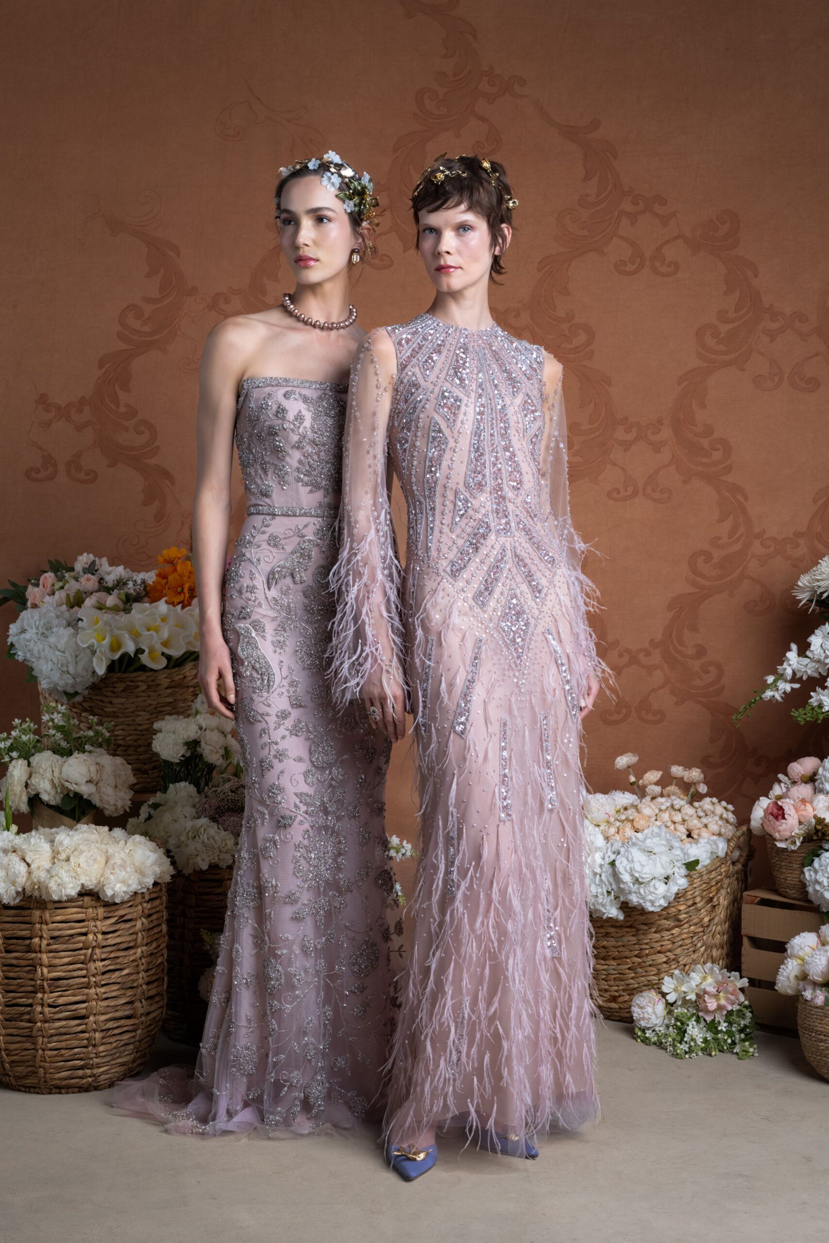 pink silk strapless fitted embroidered beaded shiny gown