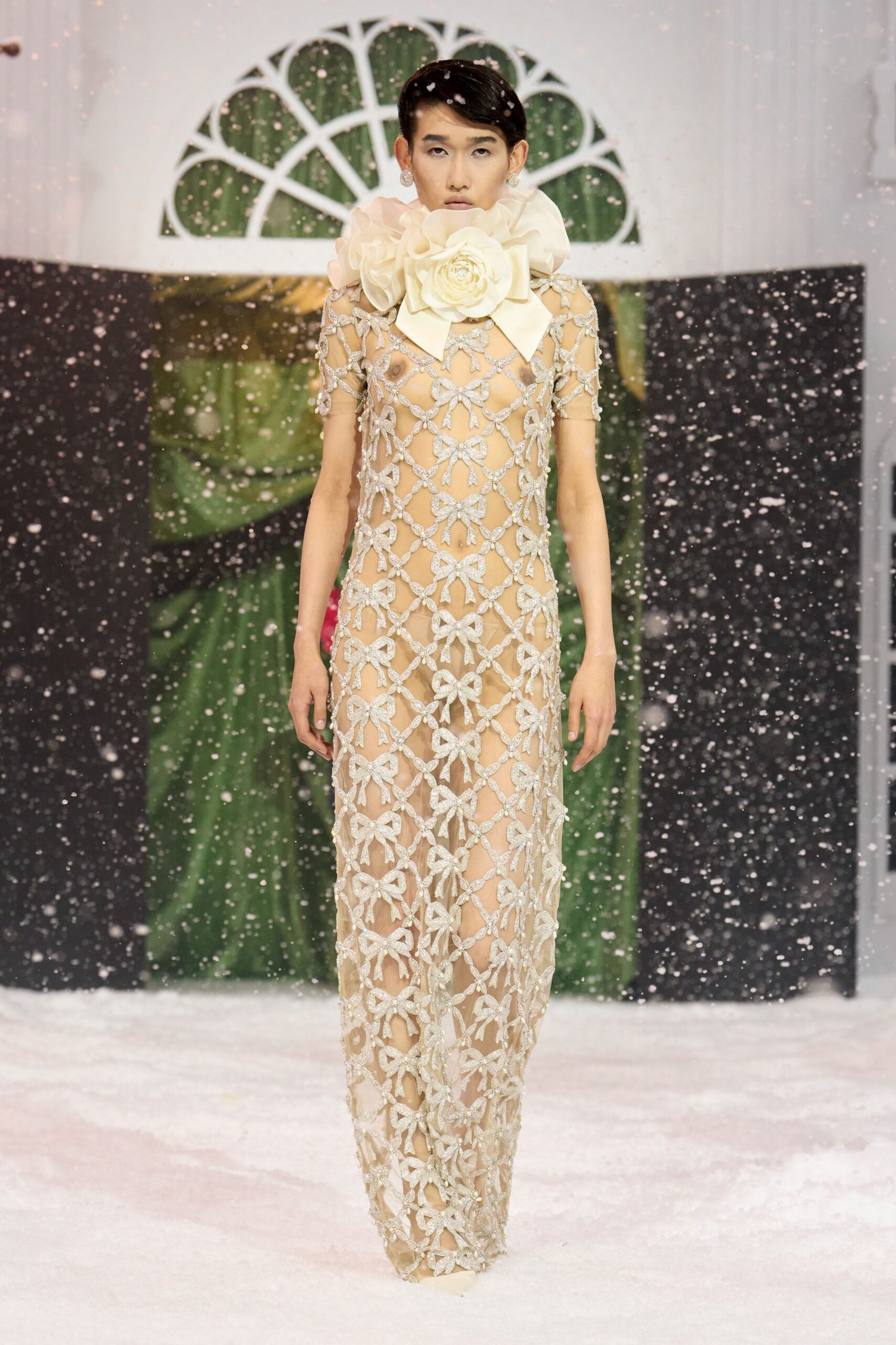 beige lace embroidered gown