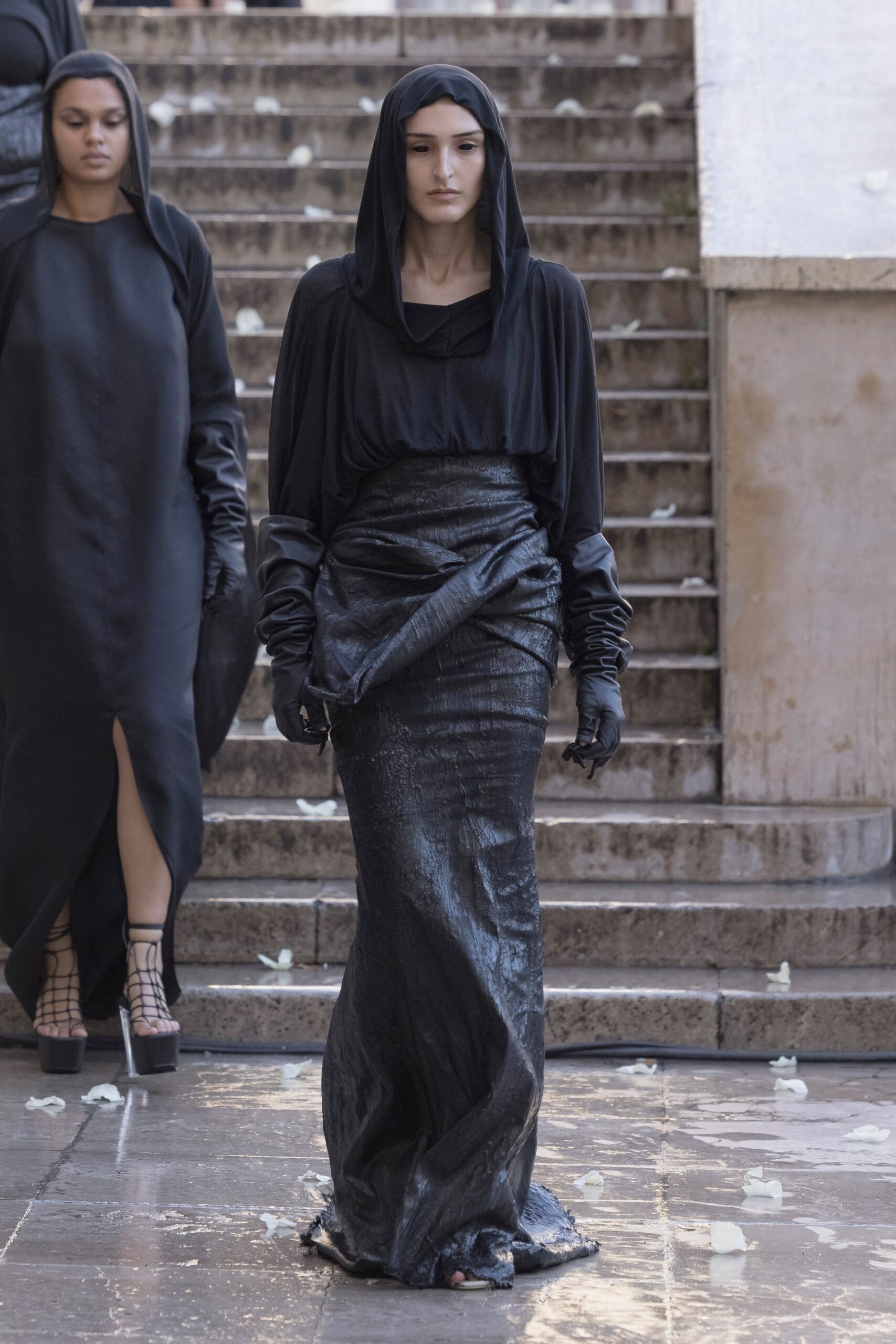 black silk hooded gown and dress