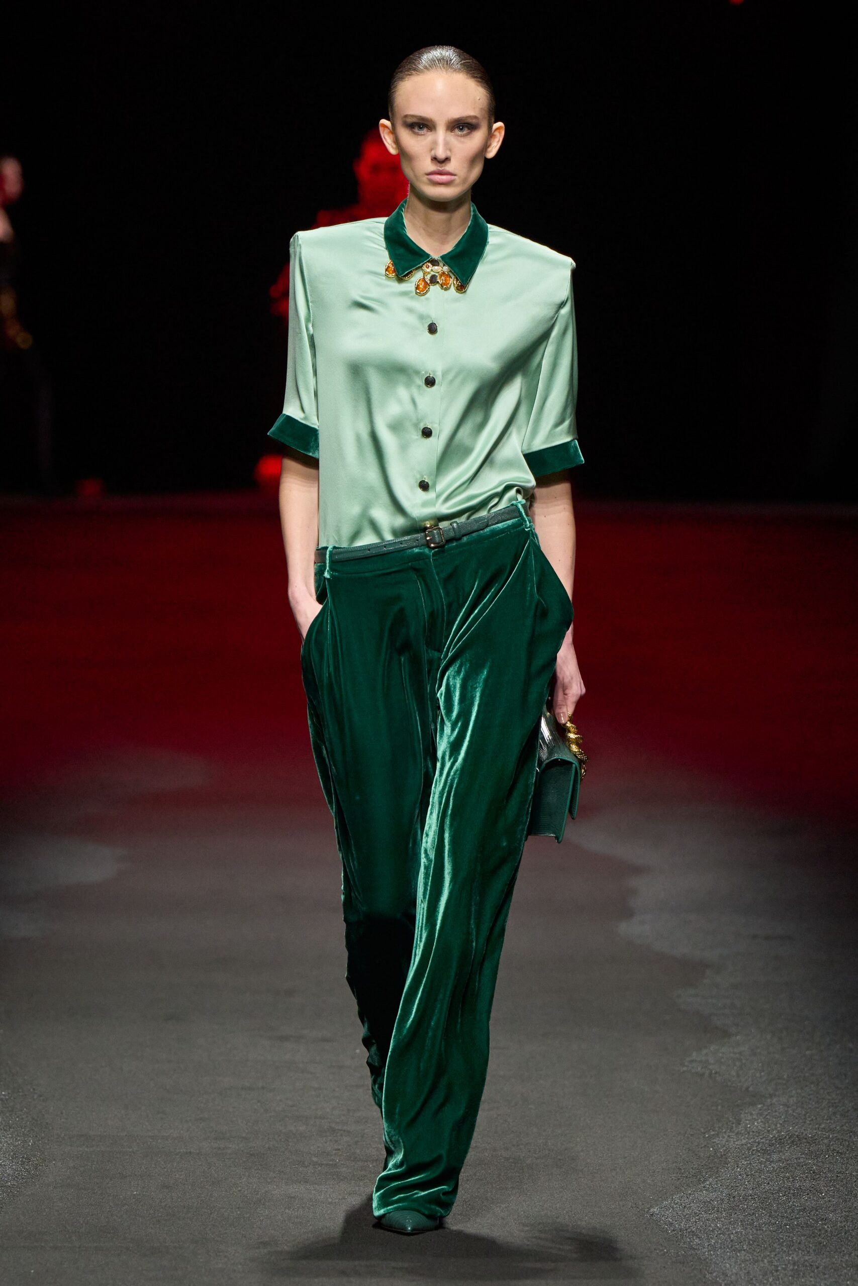 green silk short-sleeve collared relaxed buttoned shirt