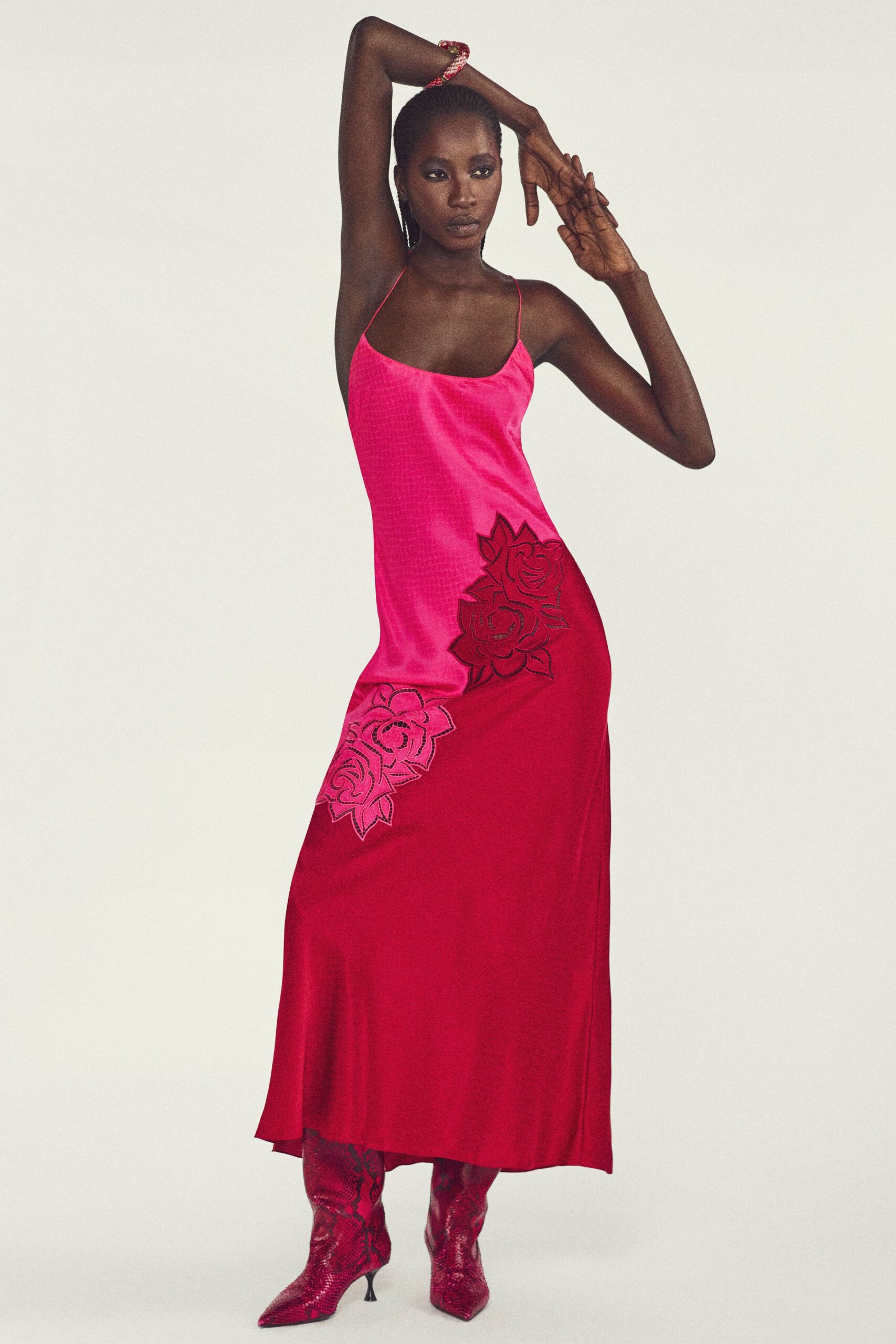 pink silk sleeveless v-neck fitted embroidered flared dress