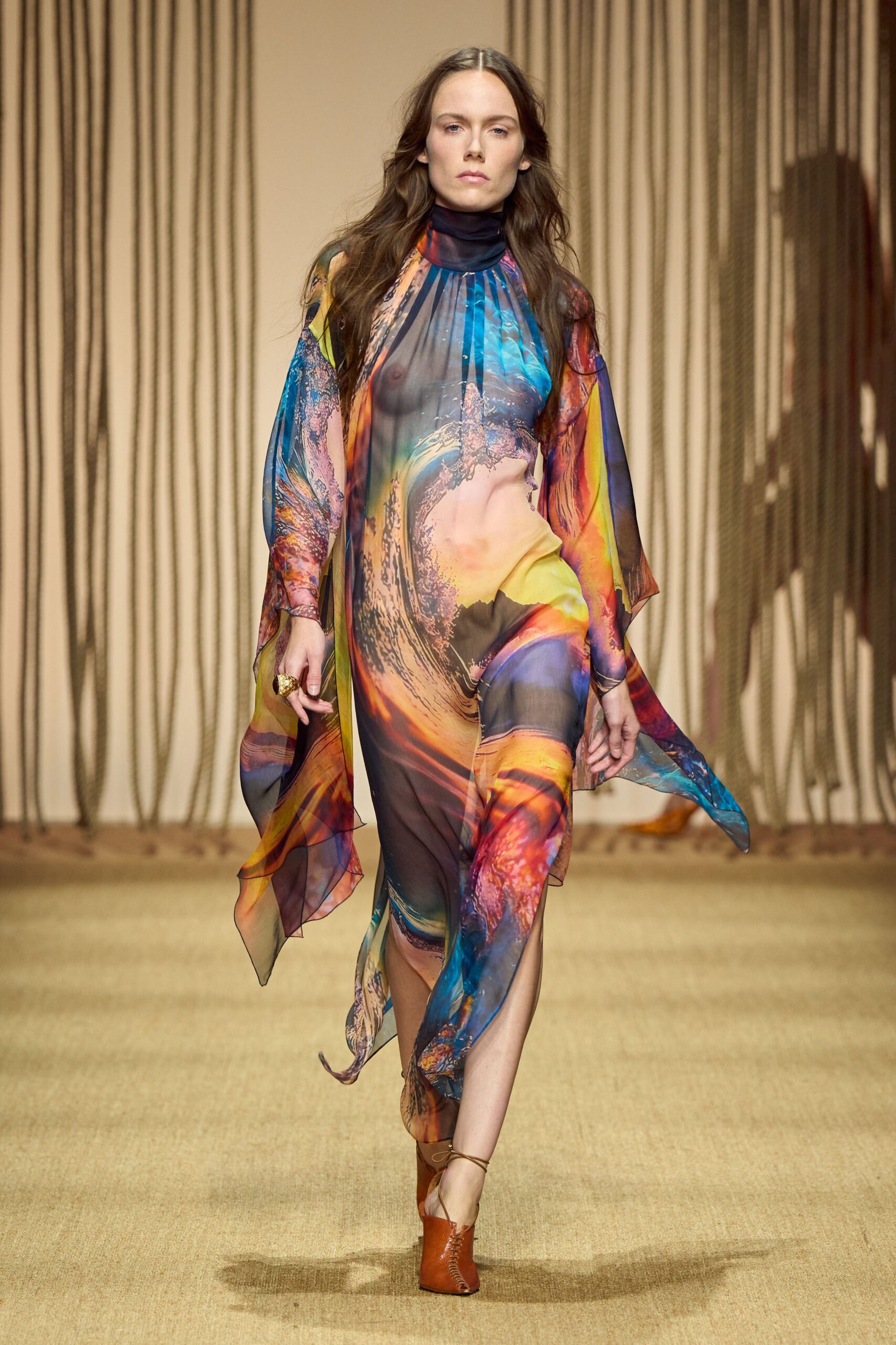 multi chiffon long-sleeve high-neck relaxed draped flowing dress