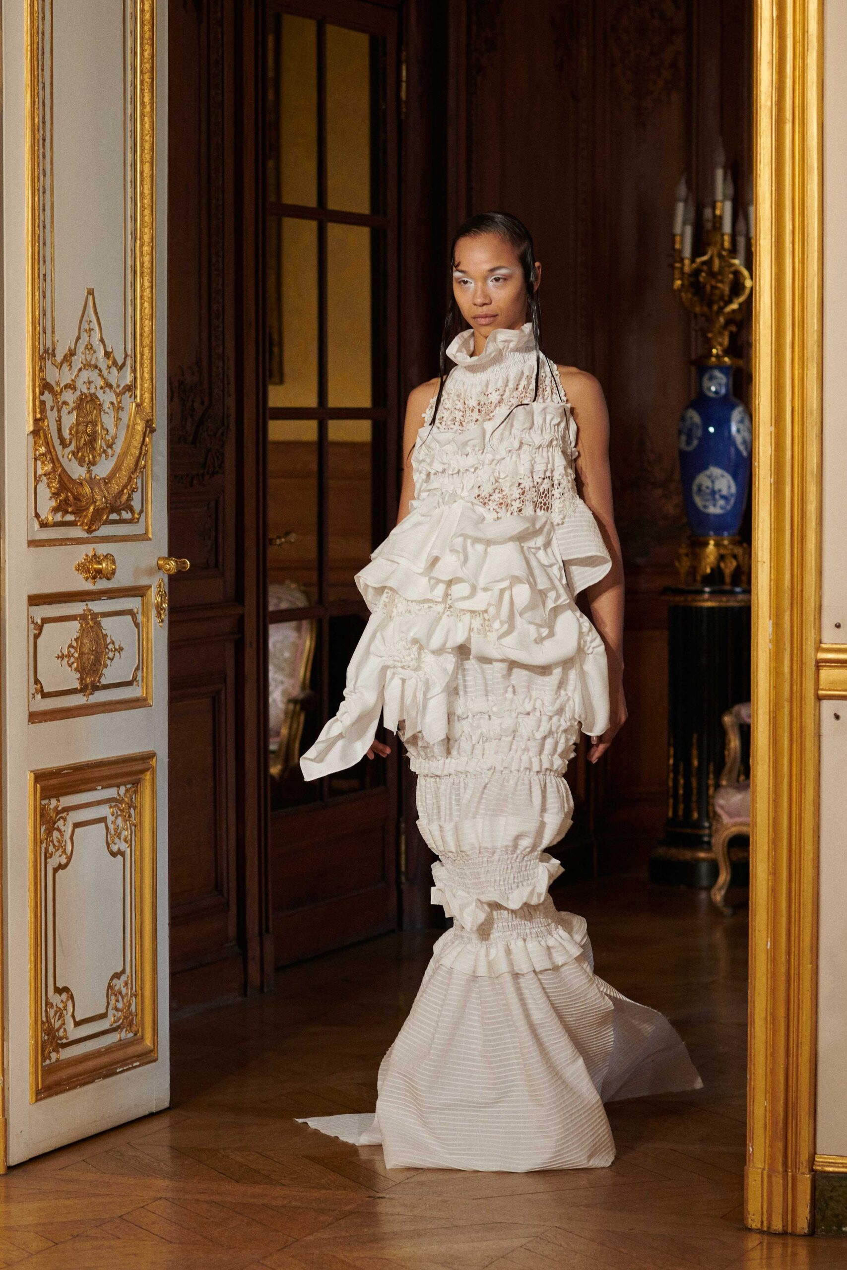 white ruffled maxi gown