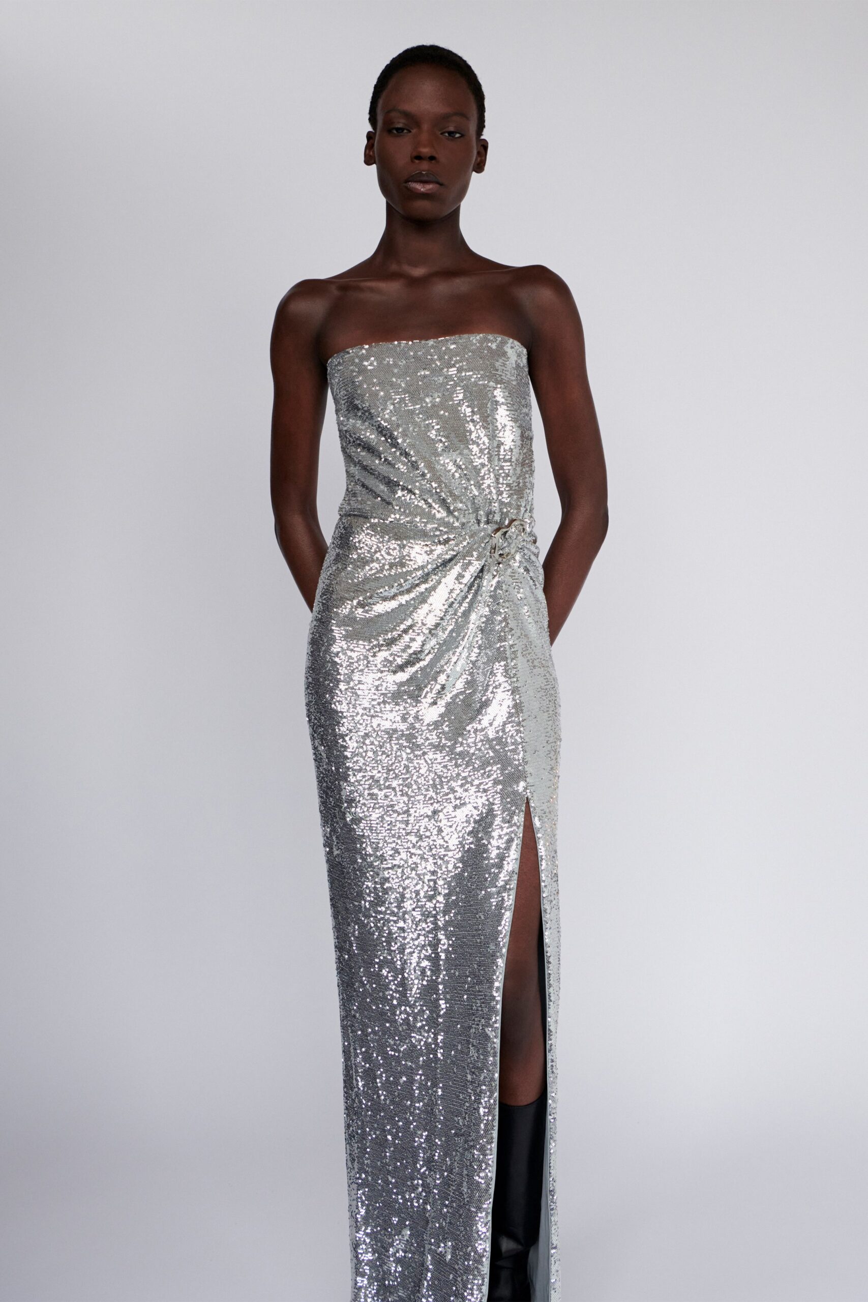 gray sequin strapless slit fitted draped shiny gown
