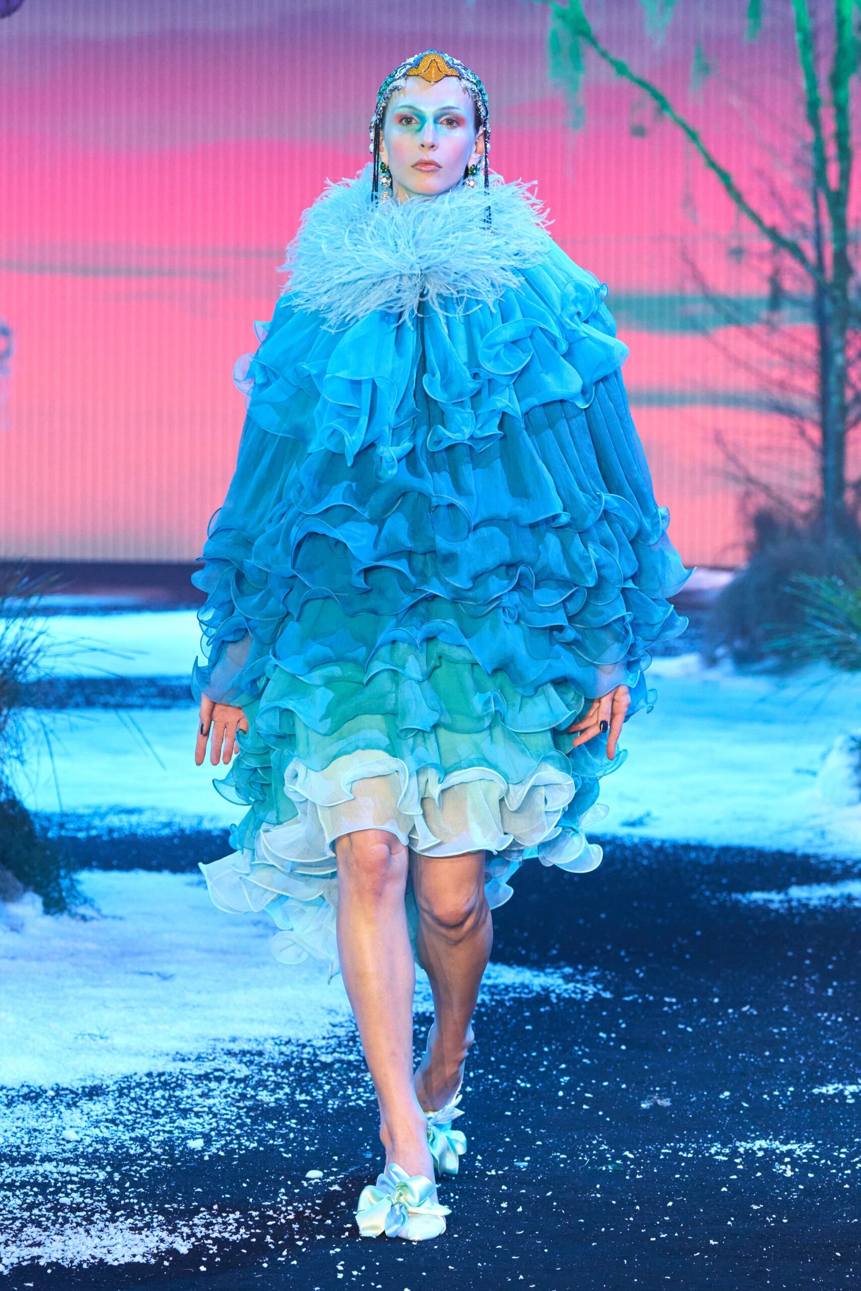 blue chiffon sleeveless relaxed ruffled tiered flowing dress